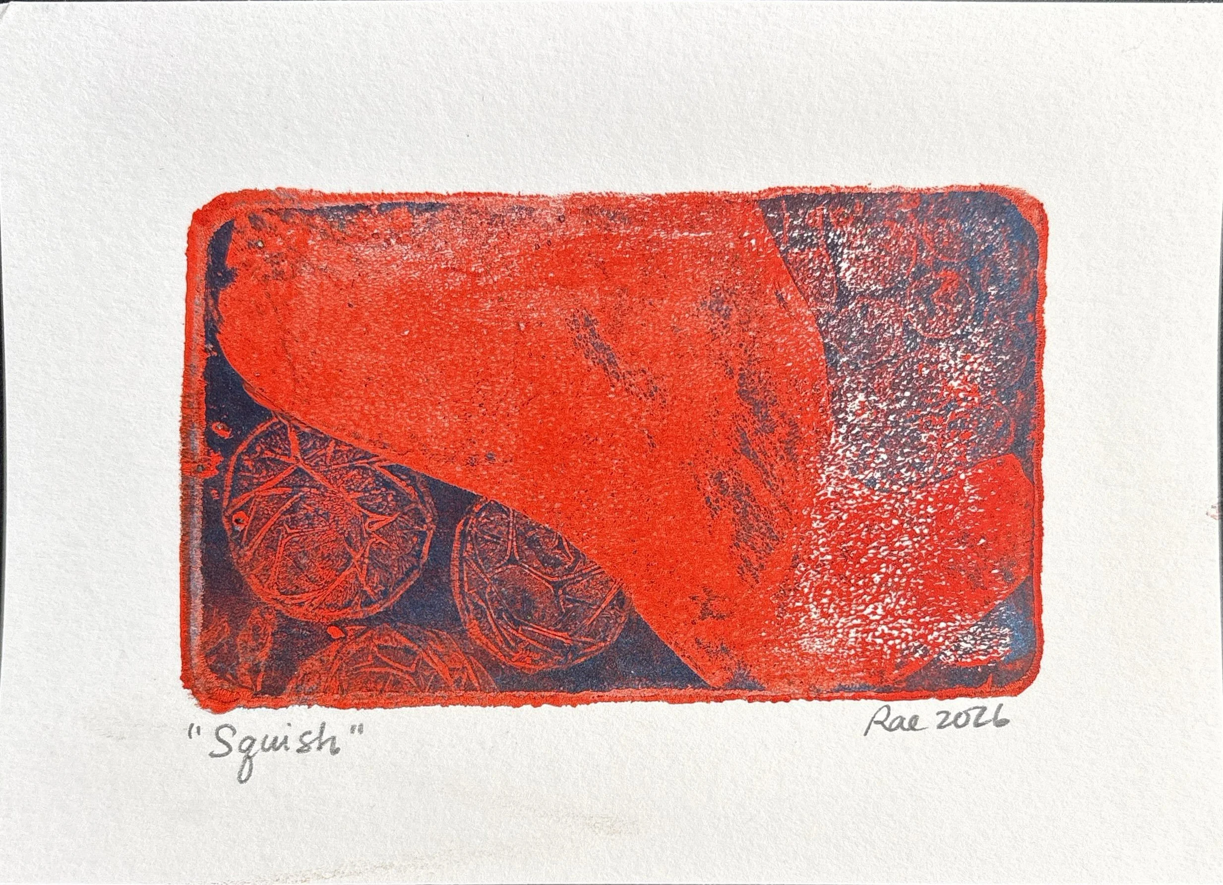 horizontal rectangular monoprint red paint layered over blue as a large foot squishes large bubbles