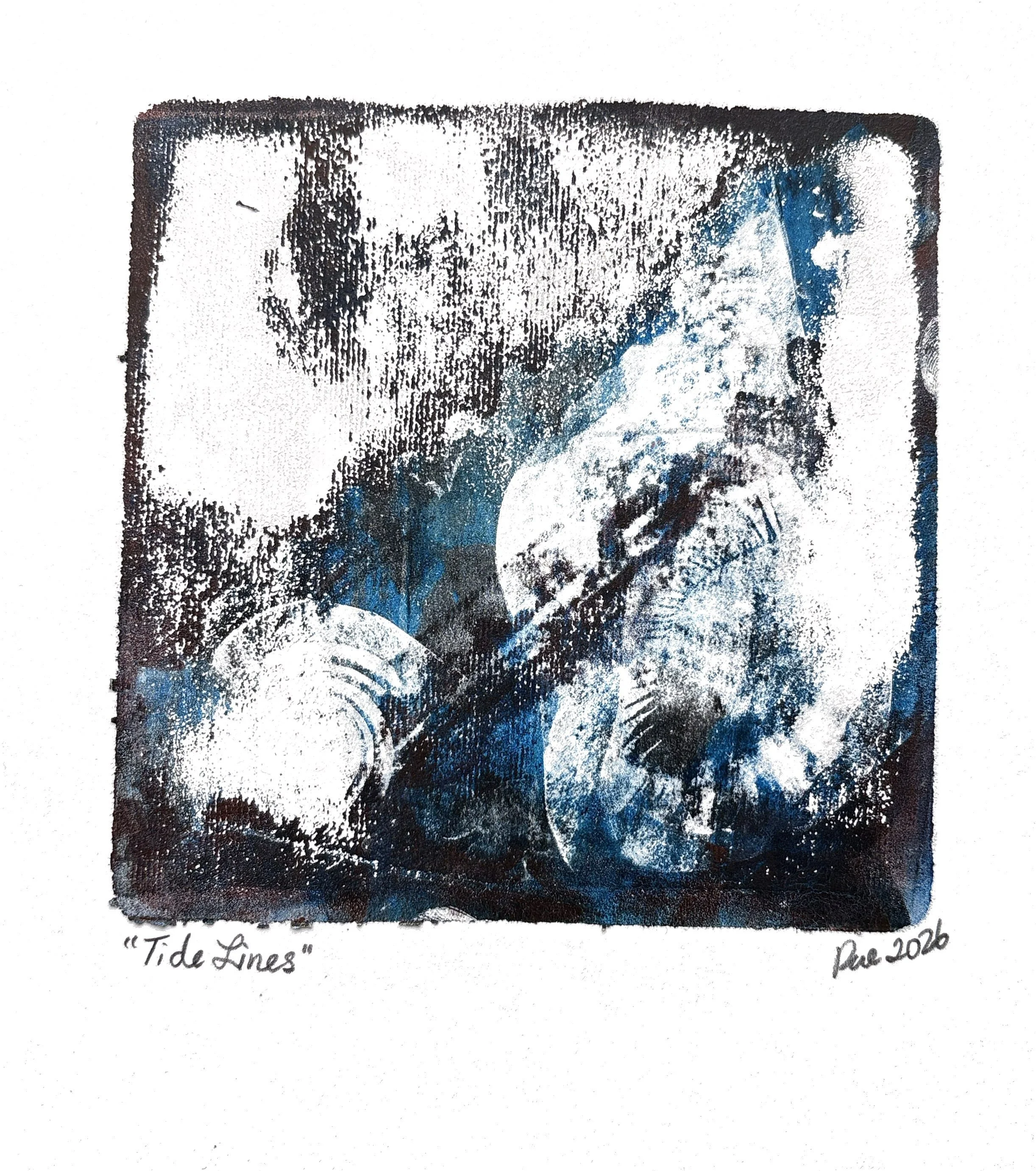 square monoprint with black and blue paint revealing image transfer of two shells