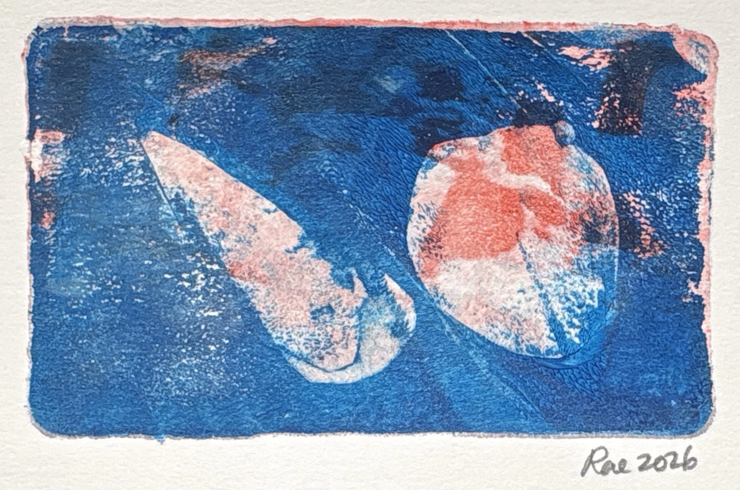 blue rectangular monoprint with pinkish overlay, and two shells in the middle, one cone shaped and one heart shaped