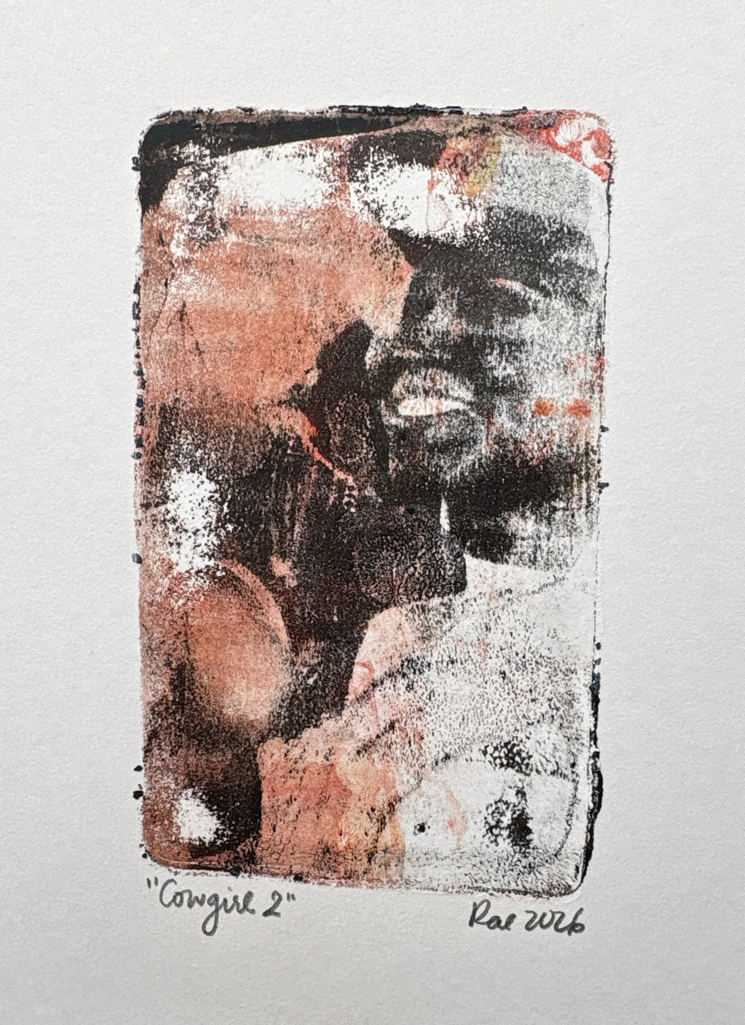 vertical rectangular monoprint image transfer in red and black of a cowgirl smiling 