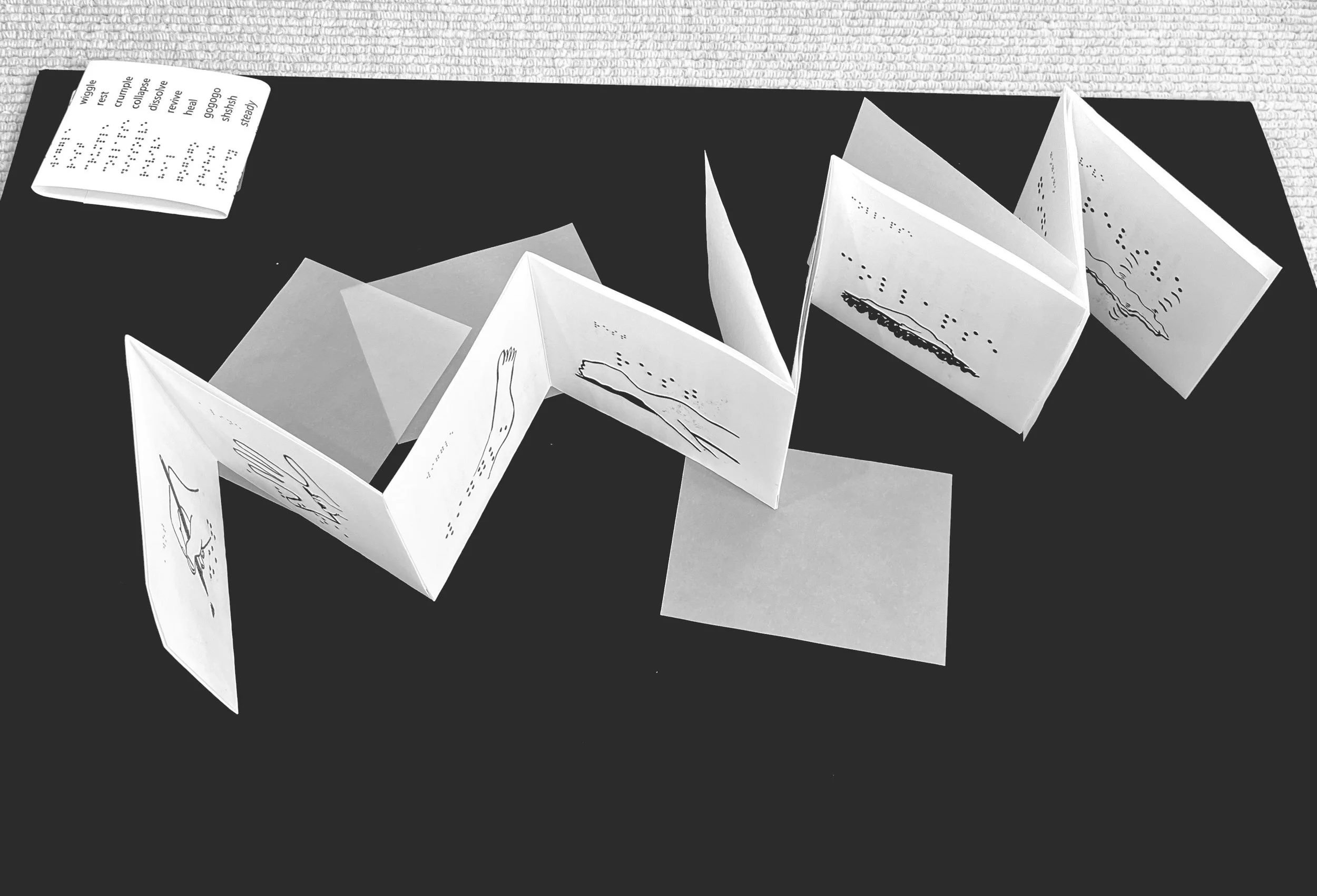 Zine unfolded in a zig-zag shape with loose vellum pages on the surface beneath it. Individual pages are not fully visible but black tactile line drawings are partially visible on white "swell form" paper.