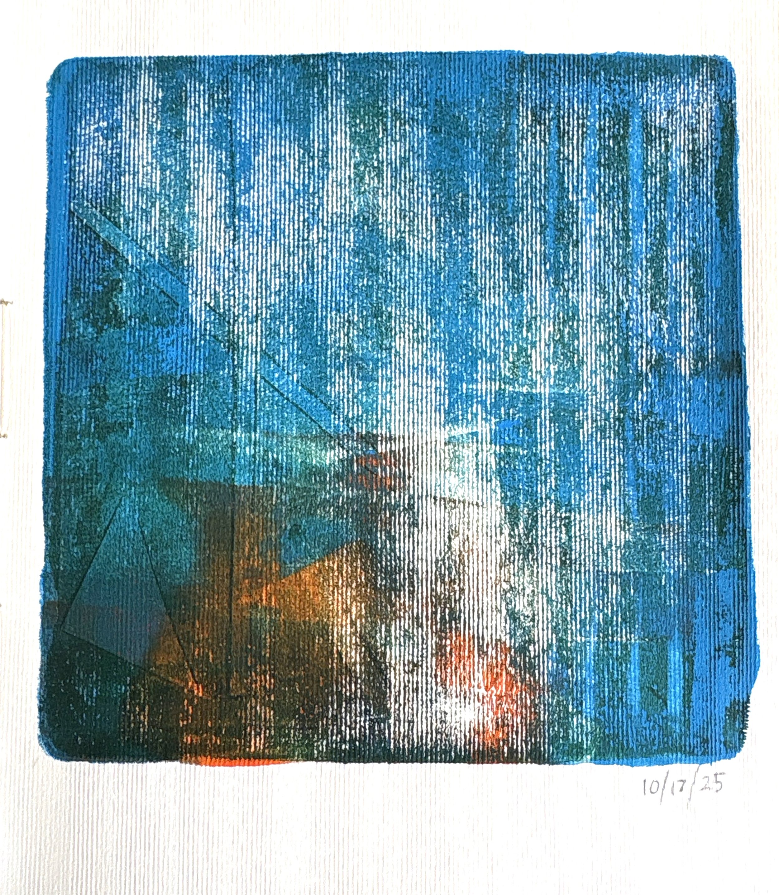 Titled “Orange Scooter,” this abstract monoprint onto banana leaf paper suggests a curtain of blue-green rain obscuring a cubist orange scooter.