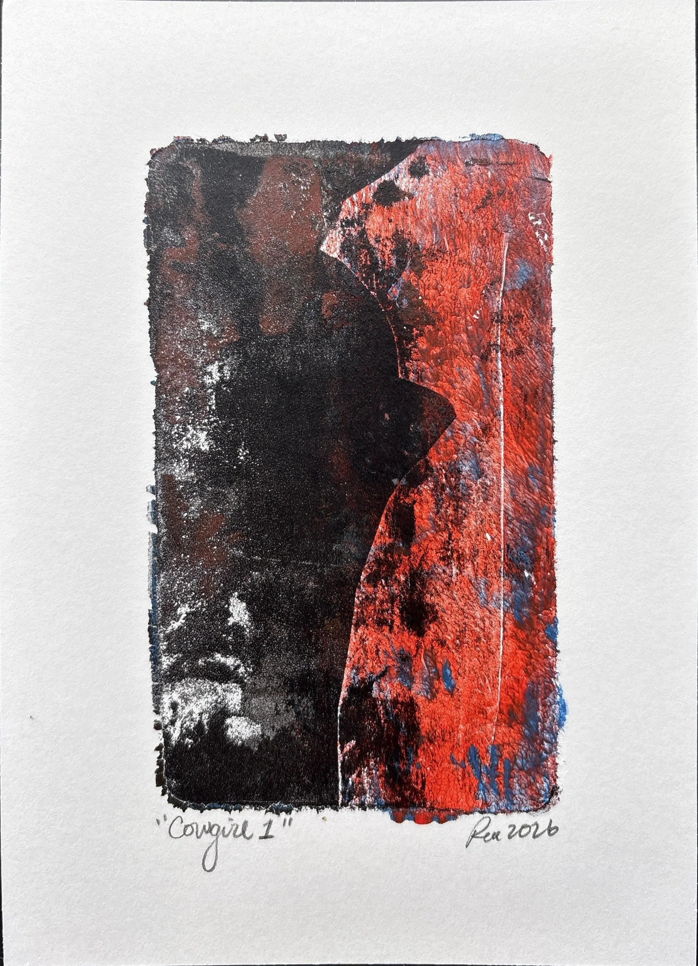 vertical rectangular monoprint, left half black/brown and right half a red and blue silhouette of a cowgirl, wearing the archetypal hat 