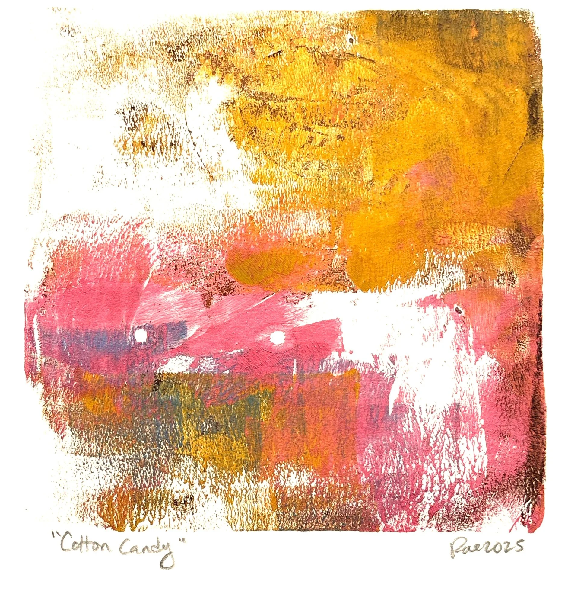Titled “Cotton Candy,” this square monoprint with bright pinks, yellows, blues, and greens evokes something about sweet celebrations.