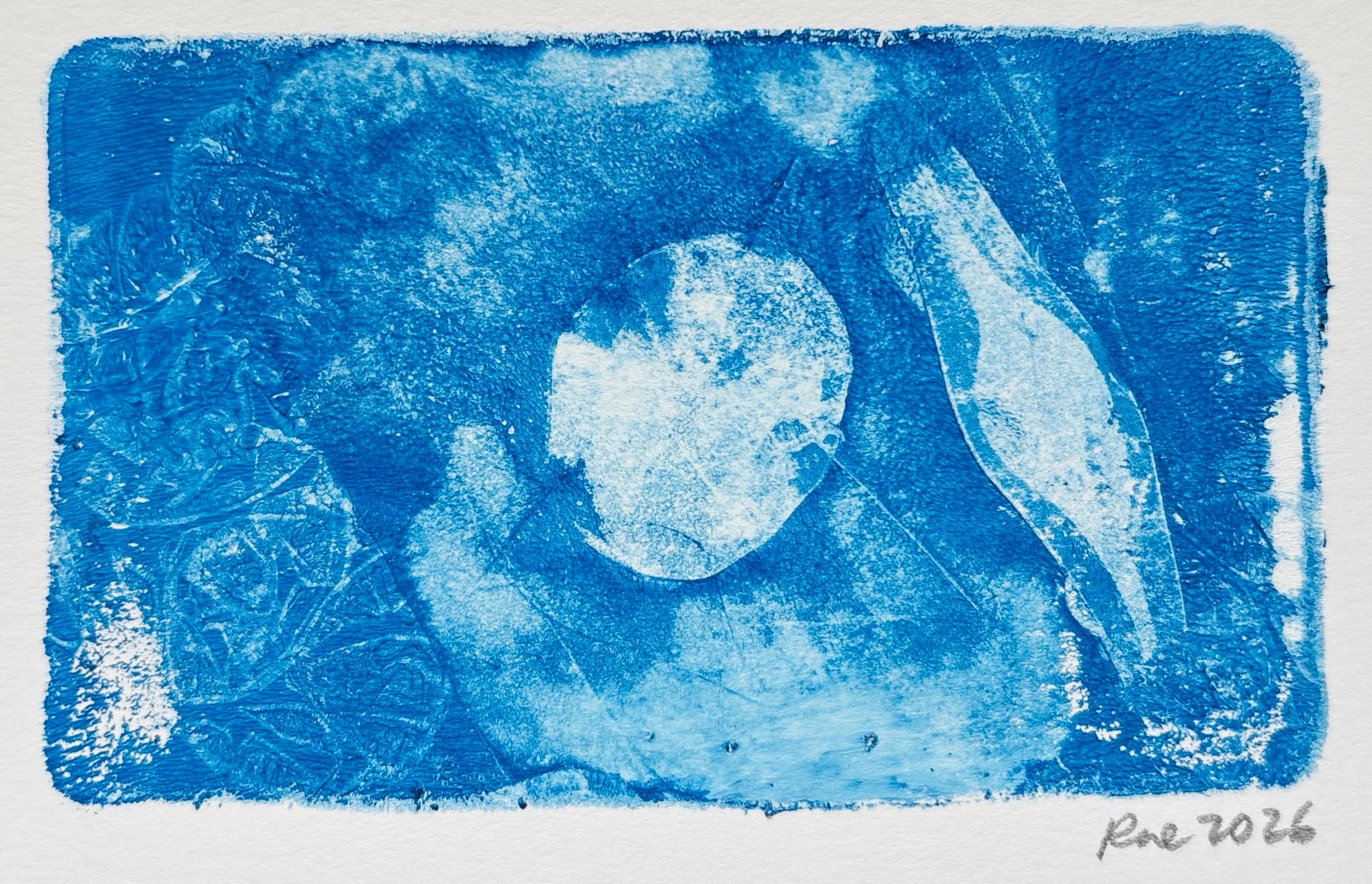 blue rectangular monoprint with abstracted shell shapes and bubbles suggesting undersea creatures