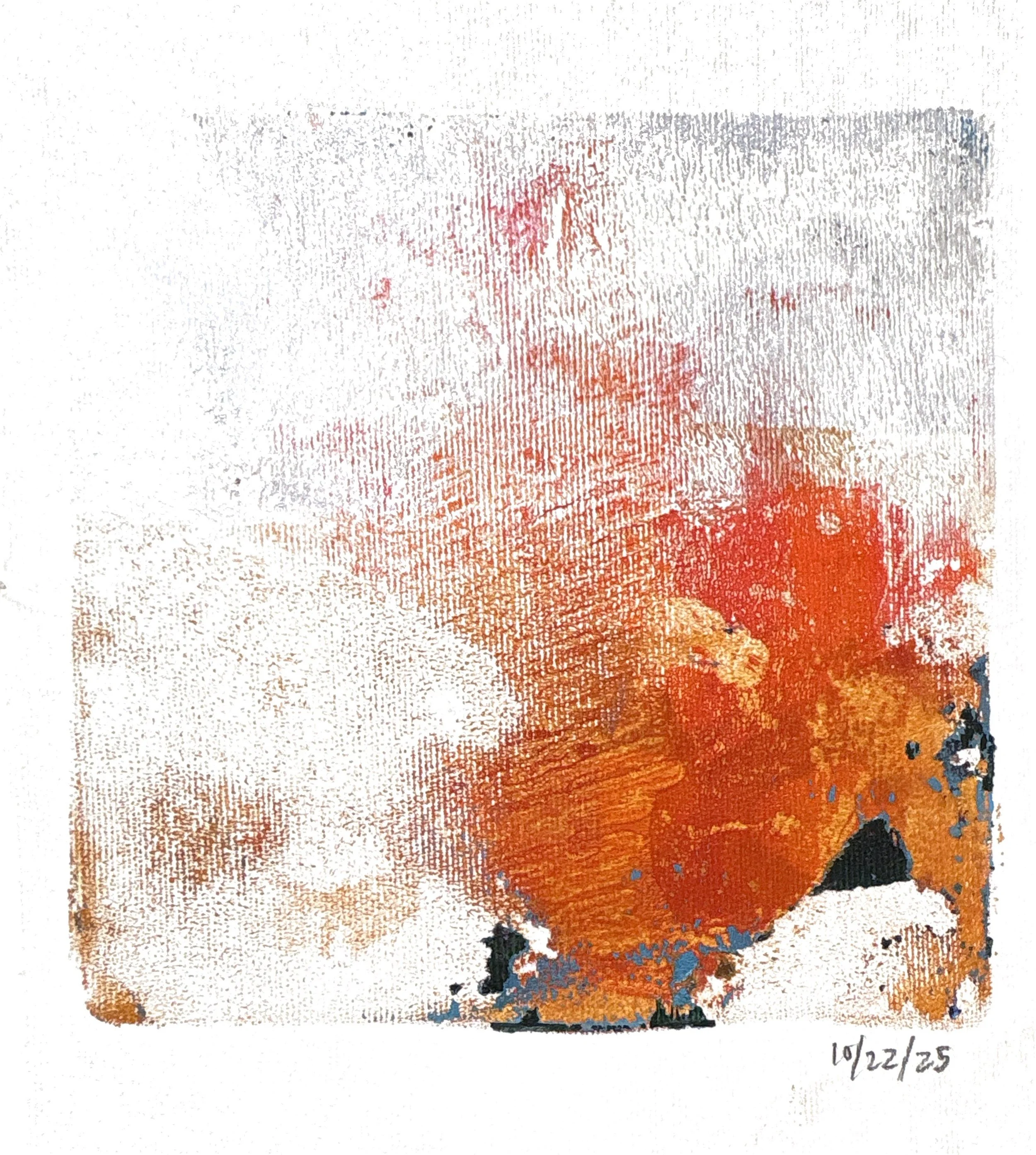 Titled “Sauna,” this monoprint offers clouds of white and grey steam, and a hidden figure in the orange corner. It’s abstract so many shapes may appear here.