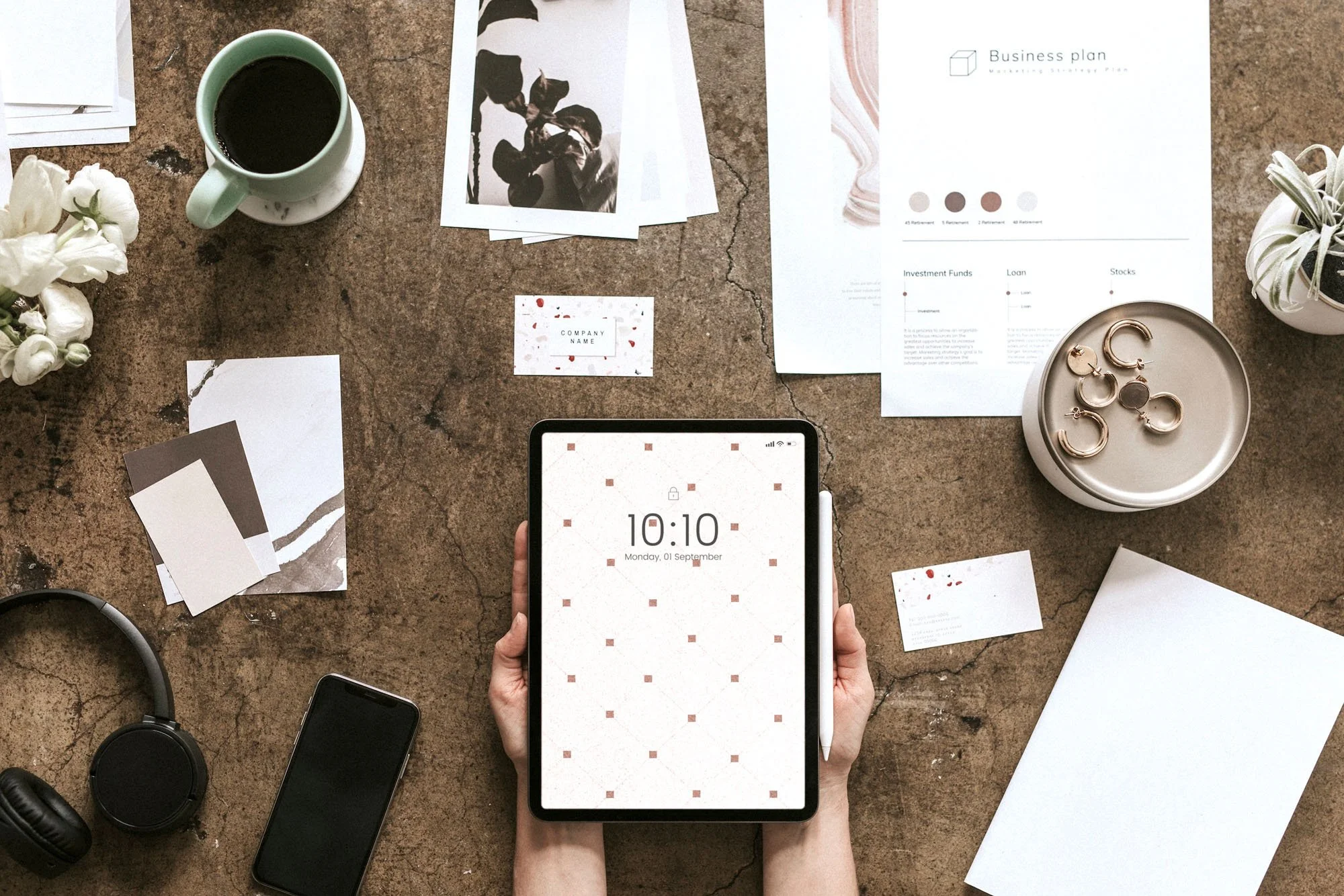 overhead shot of desk with graphic design resources