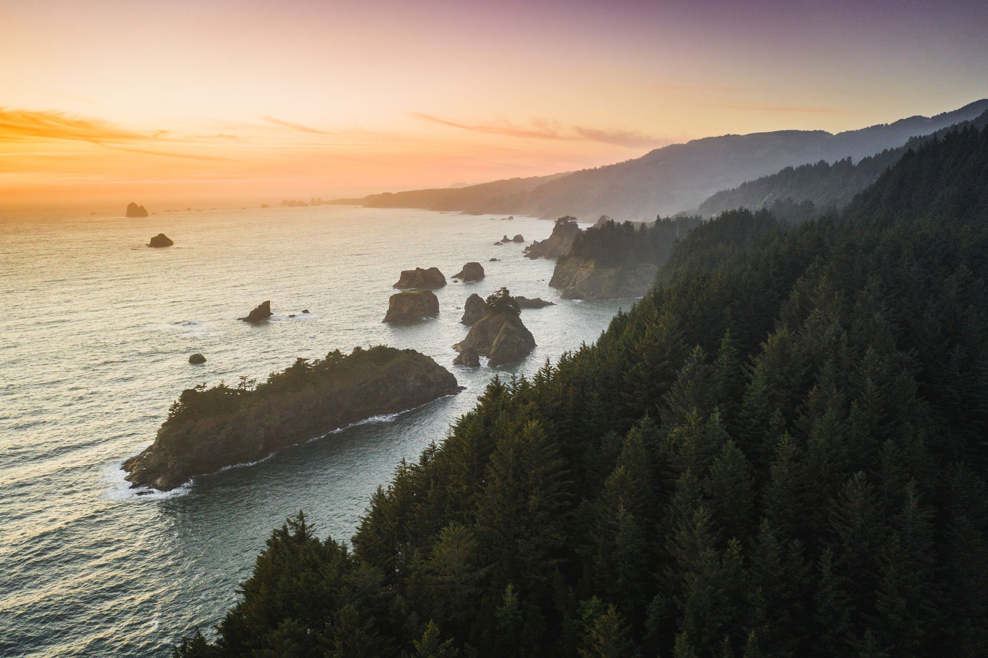 View of Pacific Northwest sunset over the coastline
