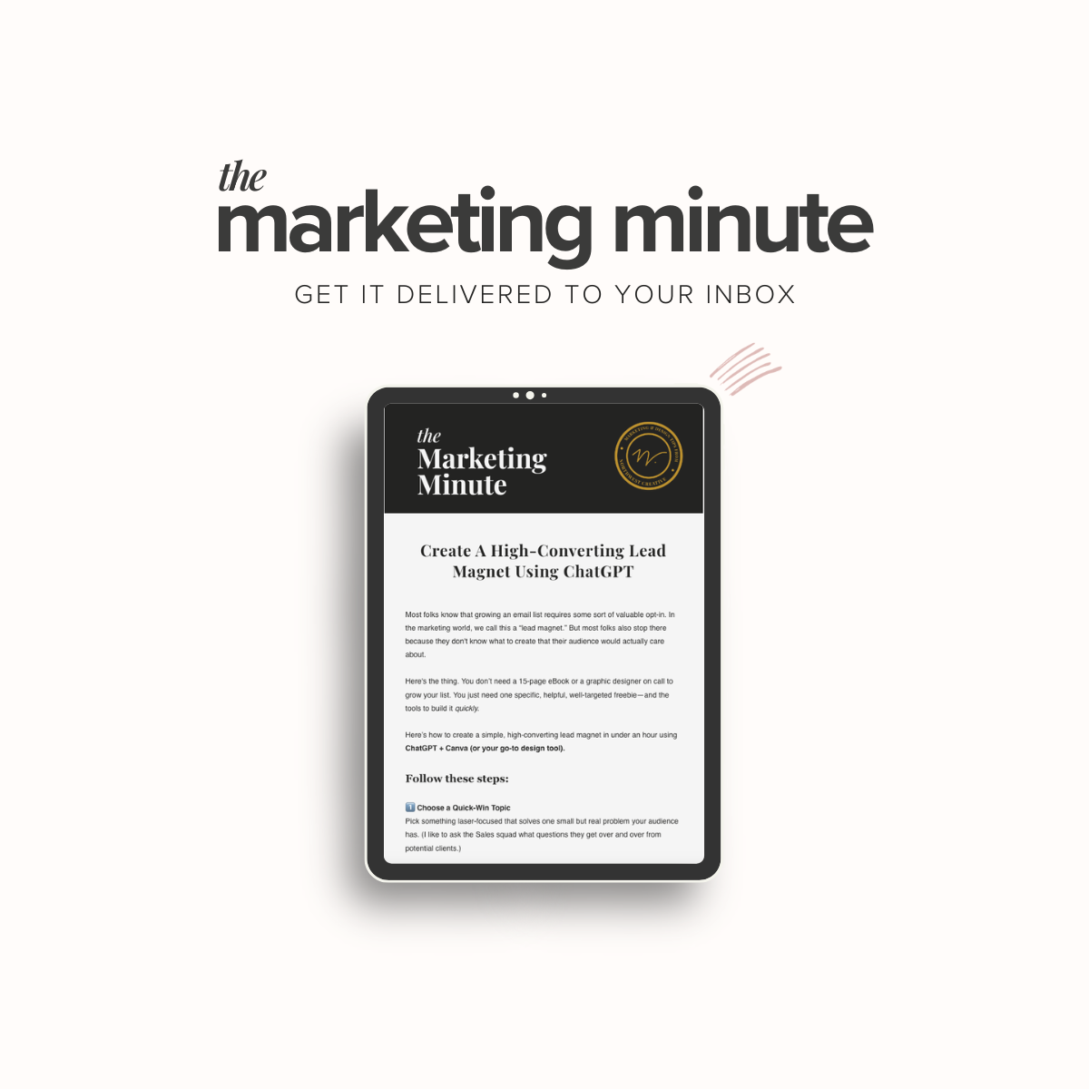 tablet mockup of The Marketing Minute newsletter