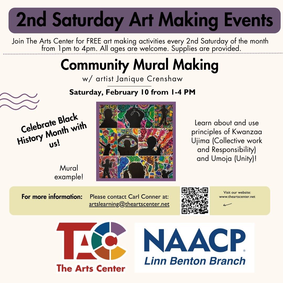 Celebrate Black History Month with @linnbentonnaacp and @theartscenter this Saturday, February 10! Artist @janiquecrenshaw will lead crafters of all ages and abilities in making a collaborative paper craft mural honoring African American figures whos