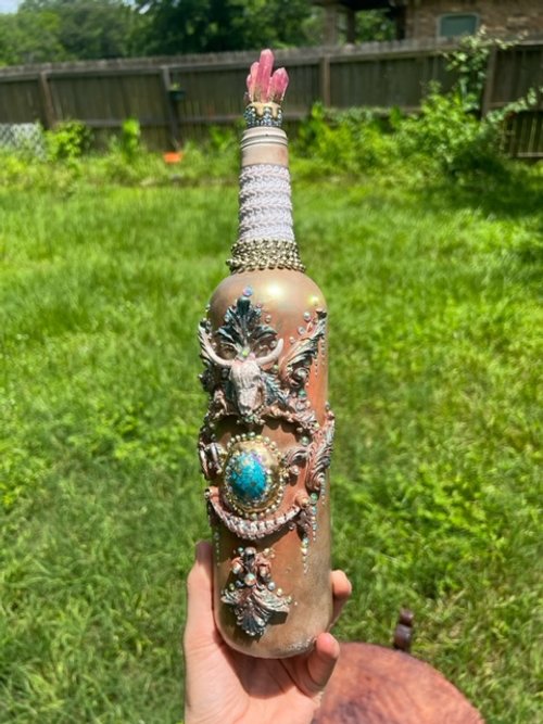 Cow Skull Bottle -Brown and Turquoise