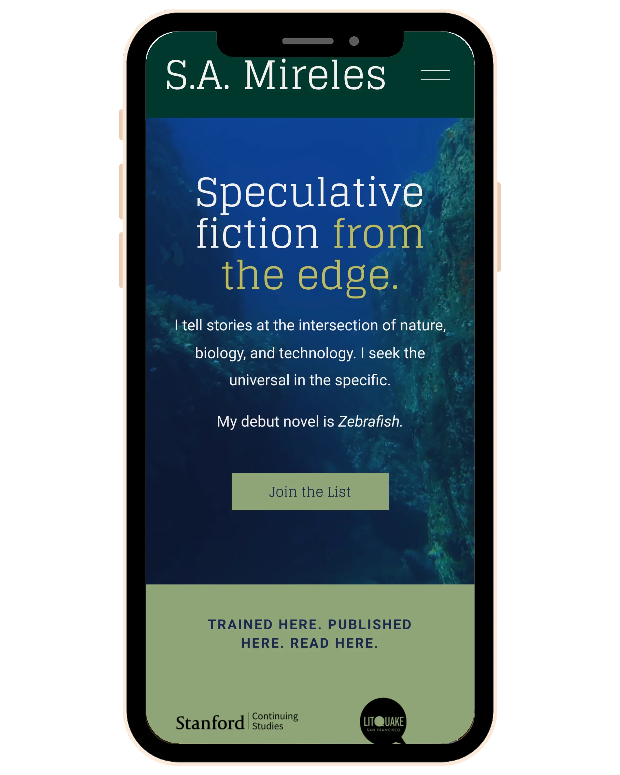 S.A. Mireles author website homepage on a phone