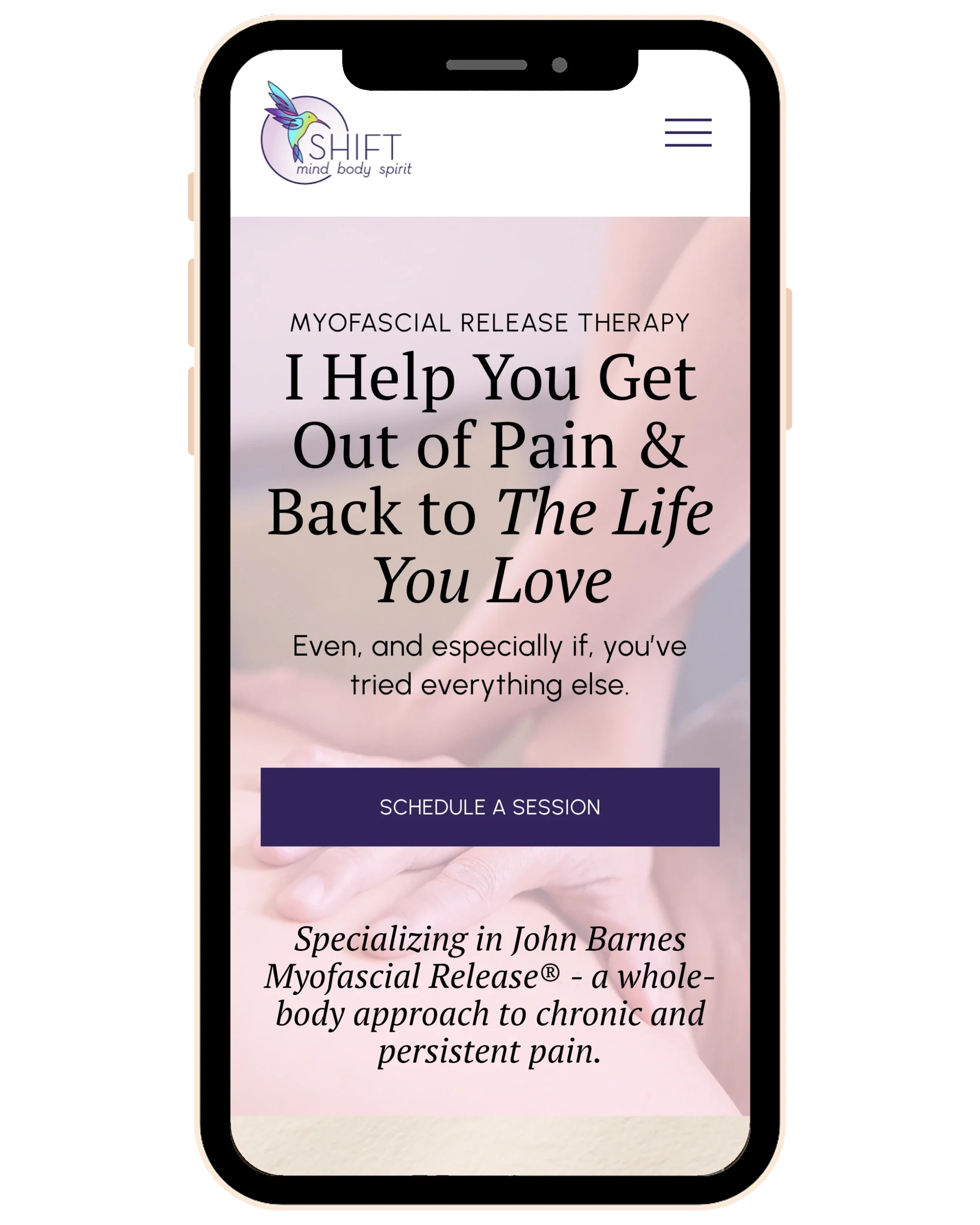 Shift Mind Body Spirit homepage on a phone