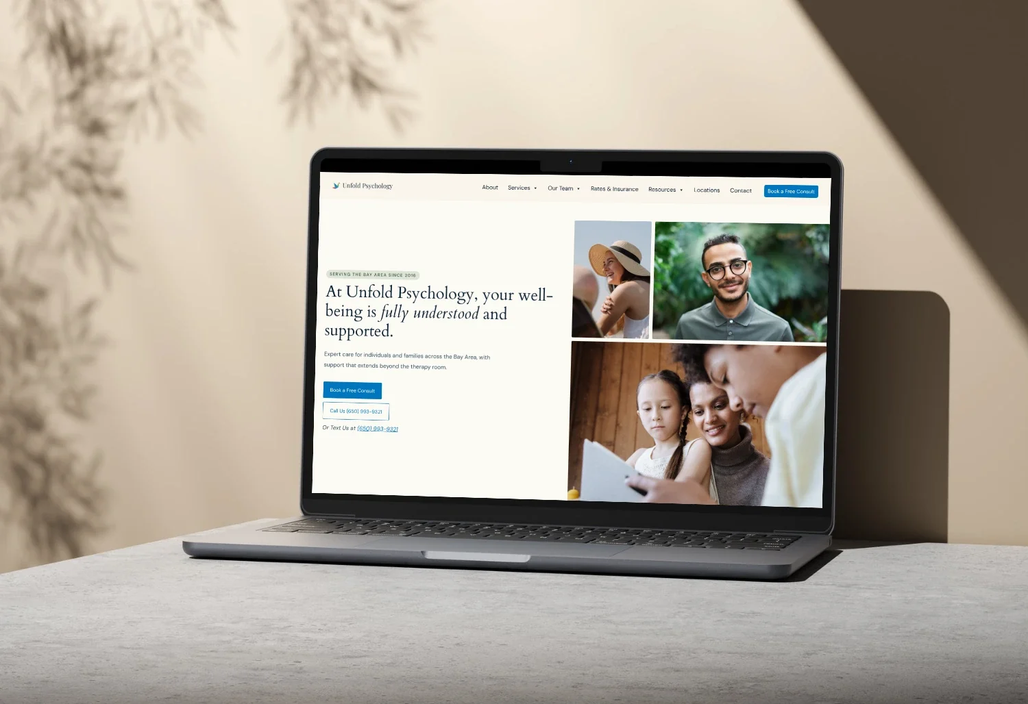 Unfold Psychology homepage redesigned by WeGo!, shown on a laptop