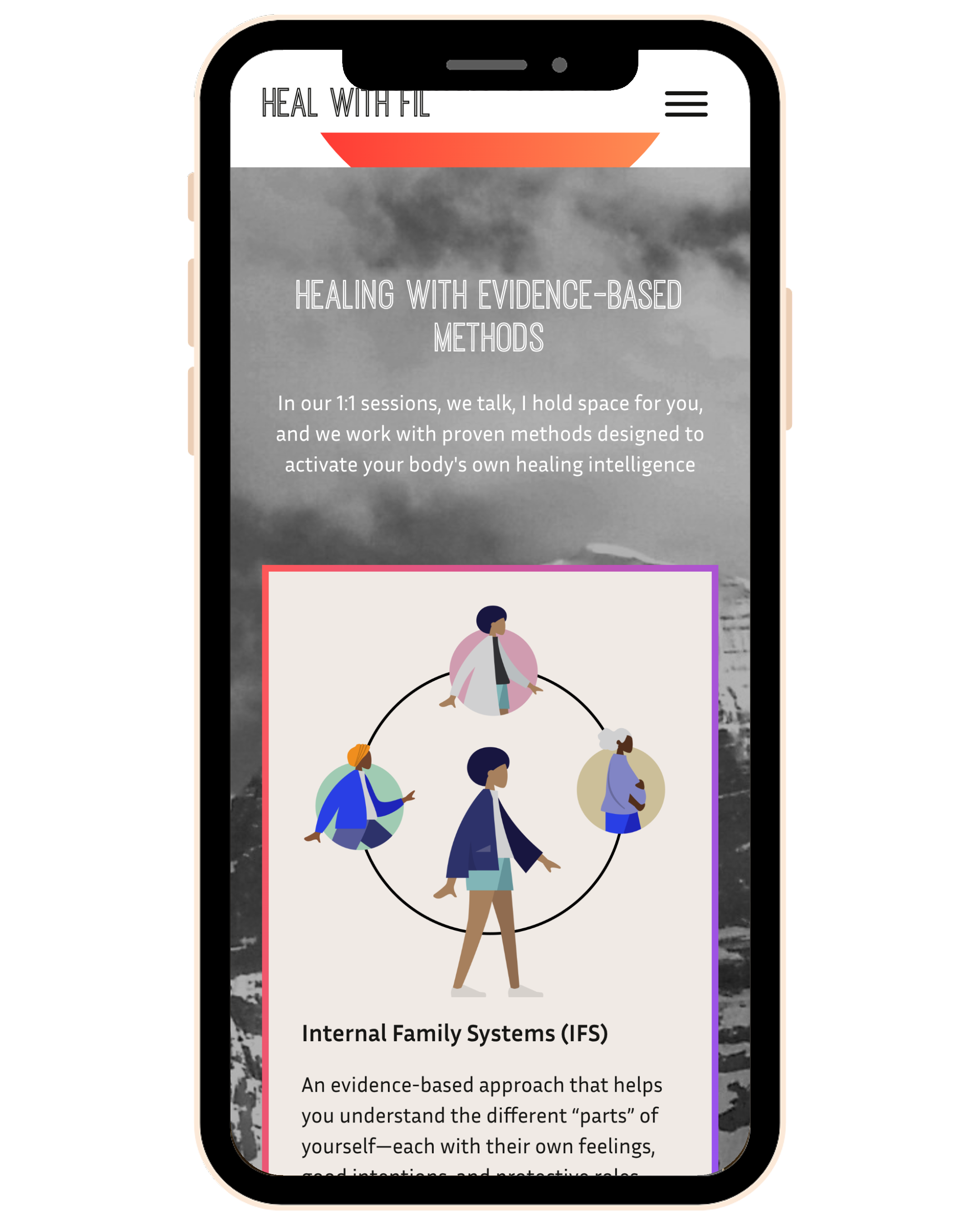 Heal with Fil methods section on a phone, designed by WeGo!