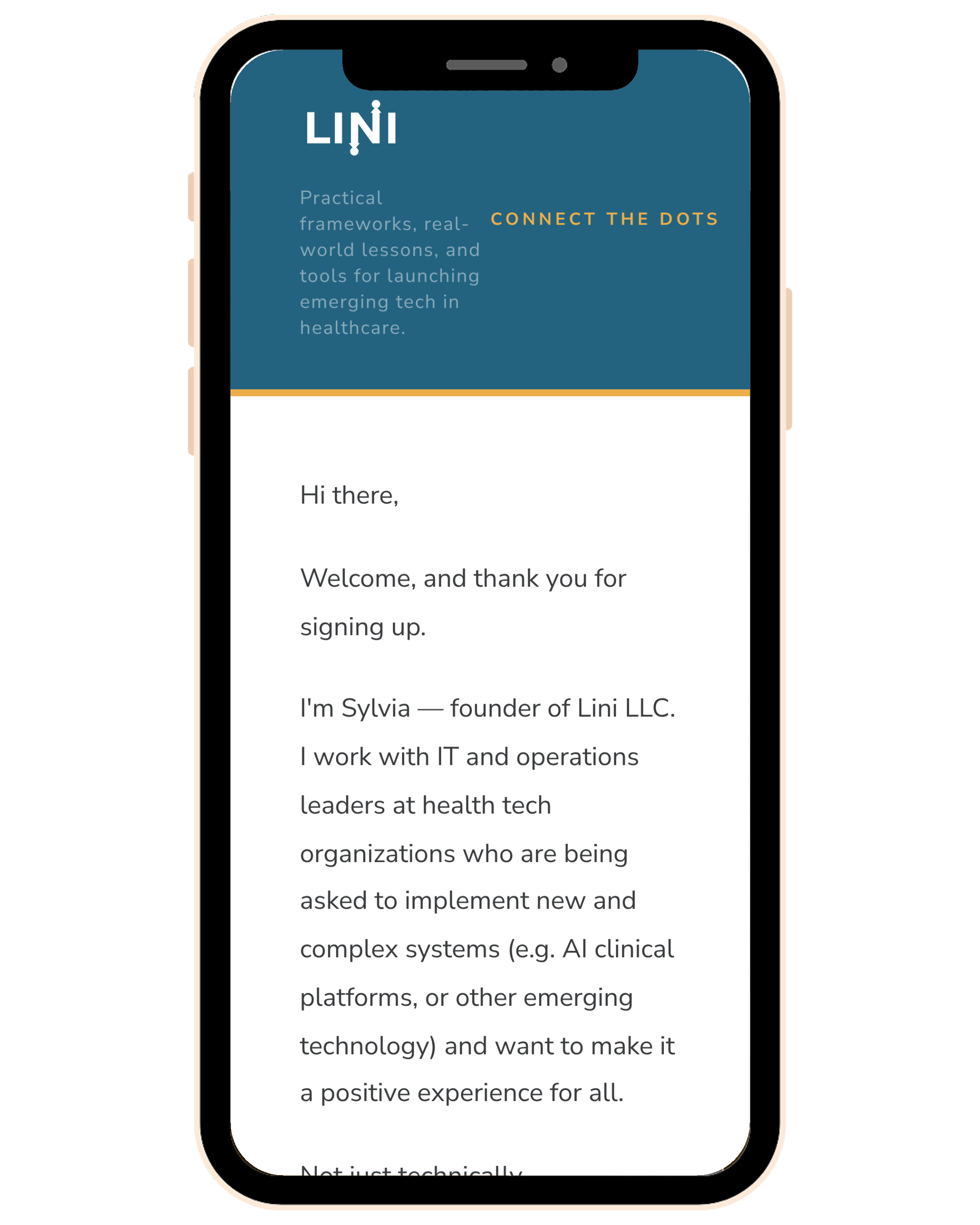 Lini welcome email on a phone, designed and written by WeGo!