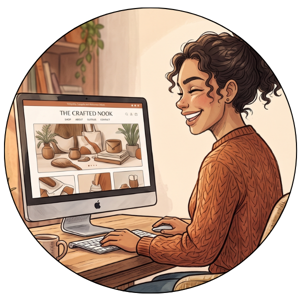 Illustration showing a woman with a Claude-built website being launched online.