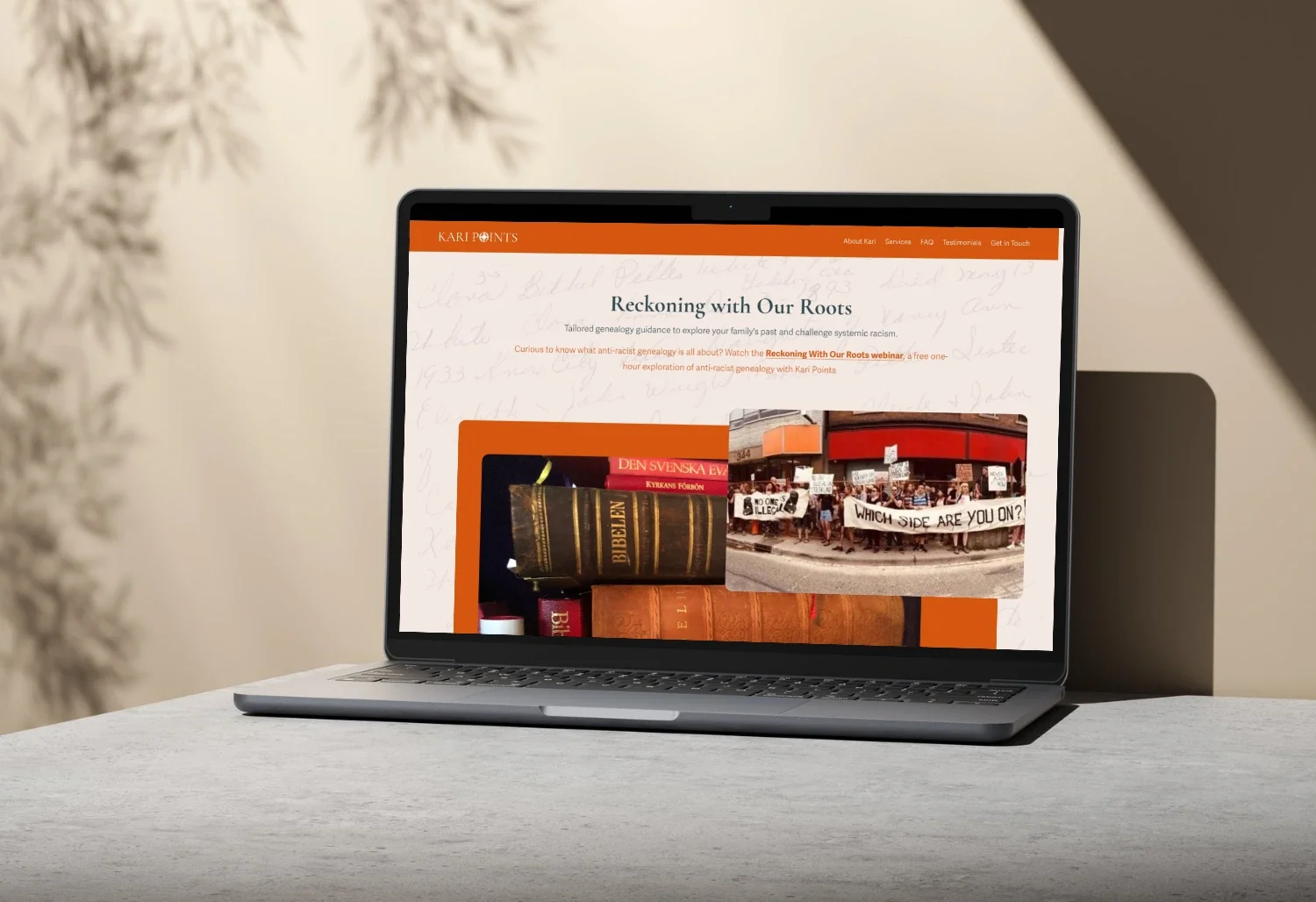 Kari Points anti-racist genealogy coaching landing page on a laptop, designed by WeGo! Oakland