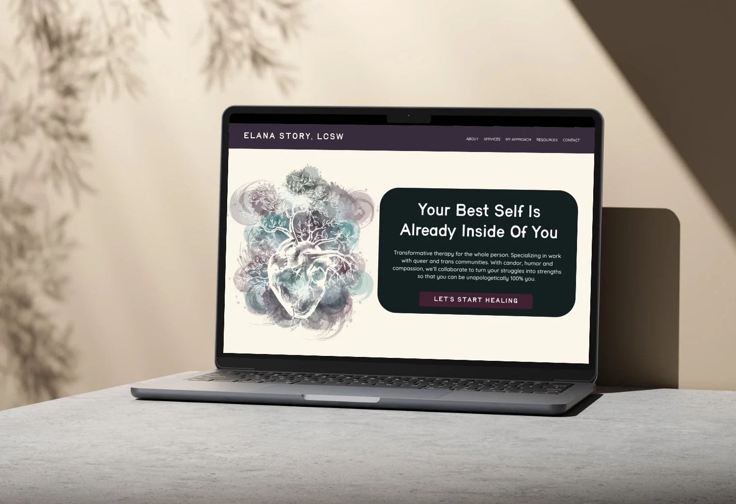 Elana Story, LCSW homepage redesigned by WeGo!, shown on a laptop