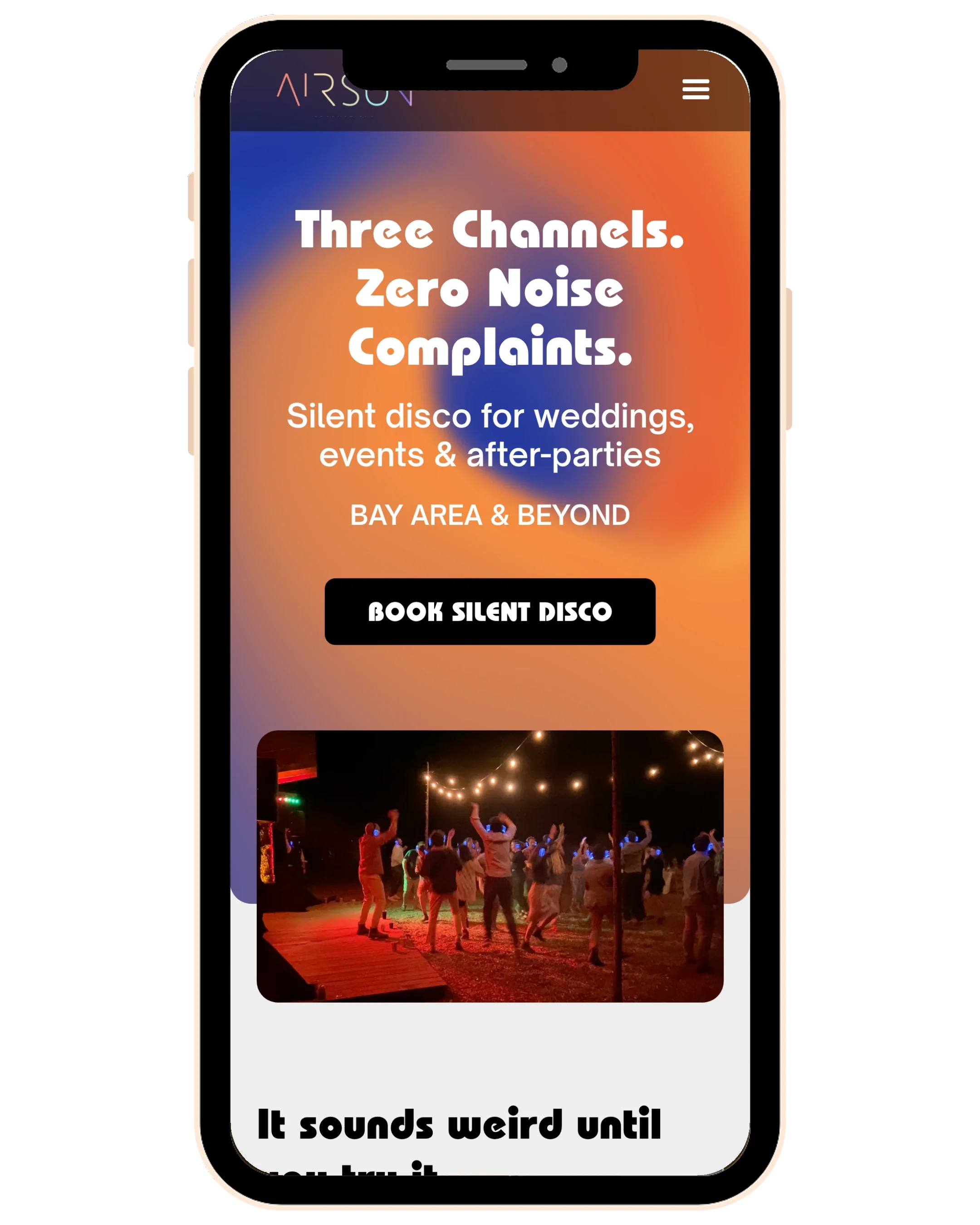 Airsun Productions Silent Disco page on a phone: "Three Channels. Zero Noise Complaints."