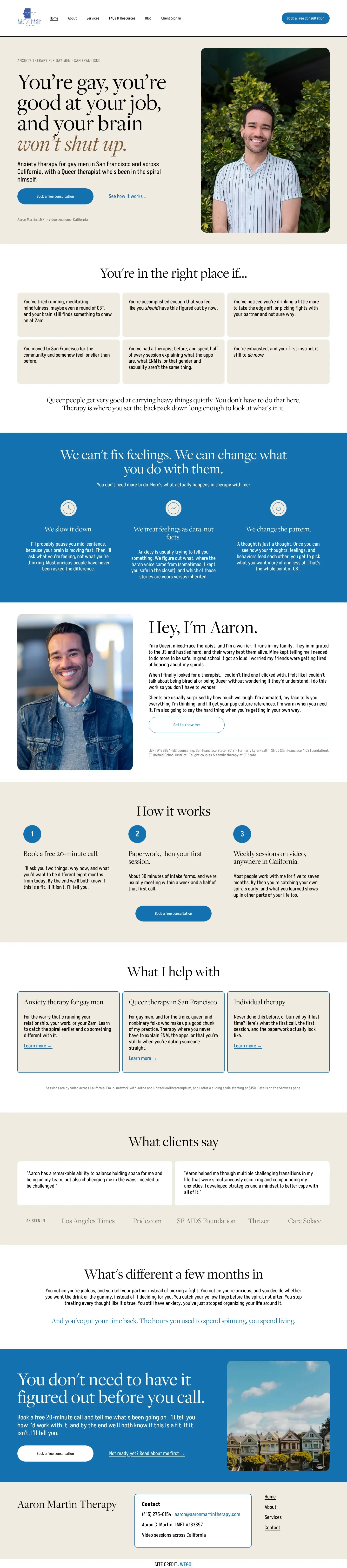 Full Aaron Martin Therapy homepage after the refresh, scrollable