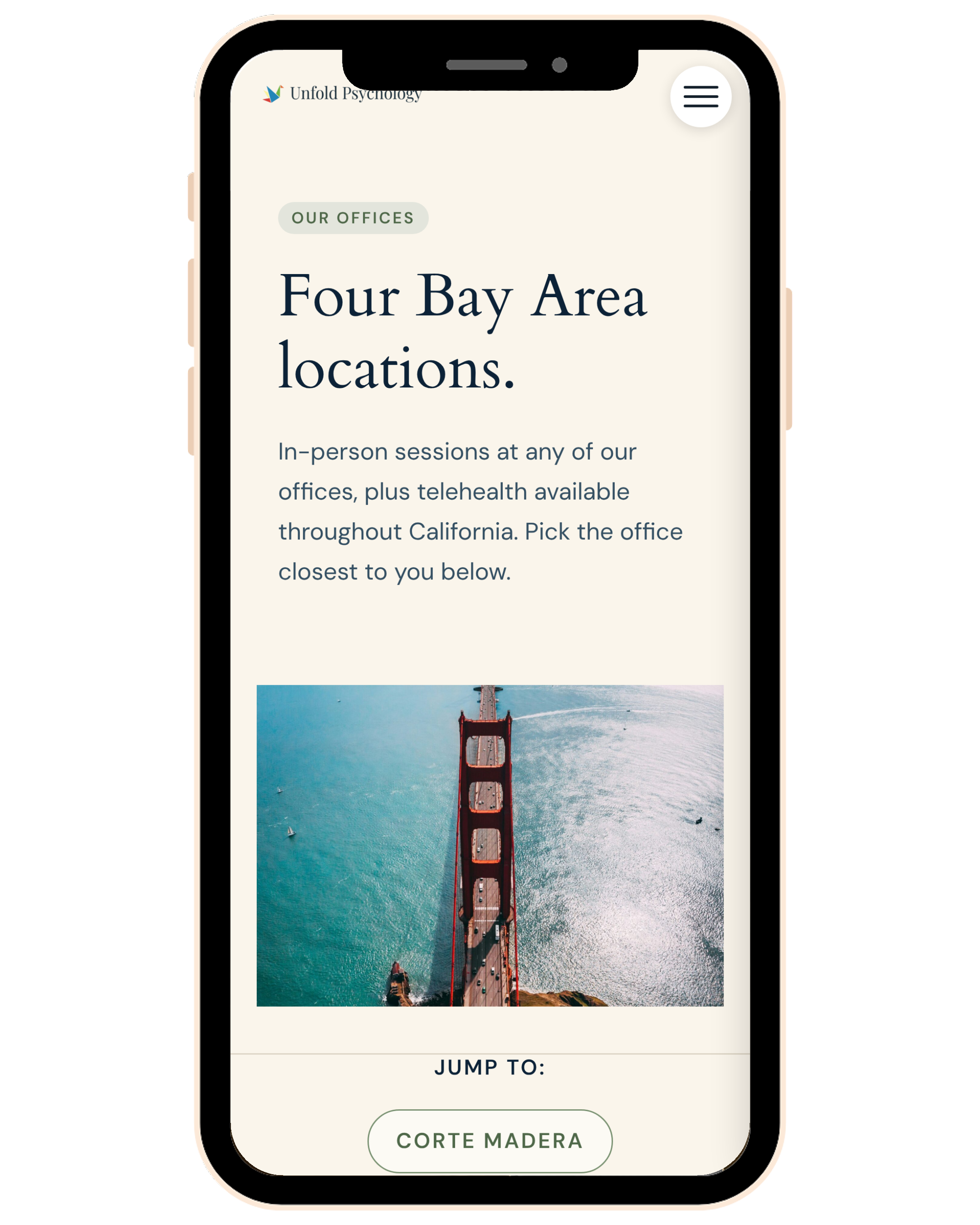 Unfold Psychology Locations page on a phone, redesigned by WeGo!