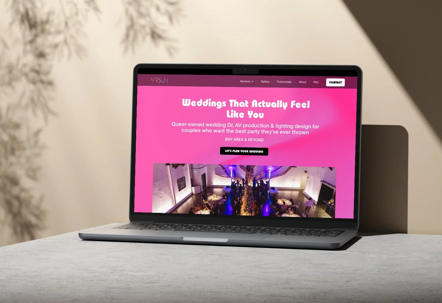 Airsun Productions Weddings page on a laptop: "Weddings That Actually Feel Like You"