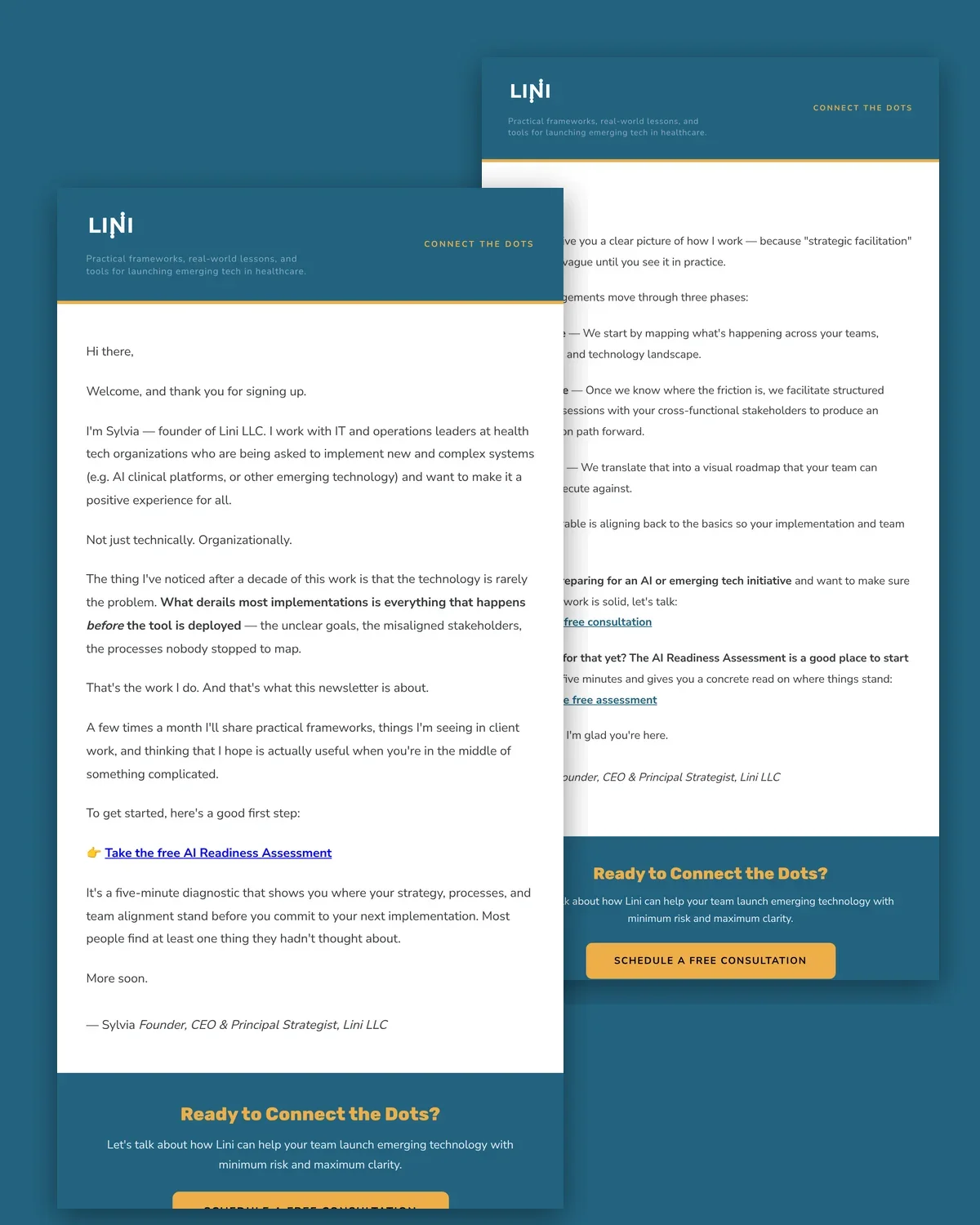 Two Lini LLC welcome-series emails on the branded Connect the Dots template
