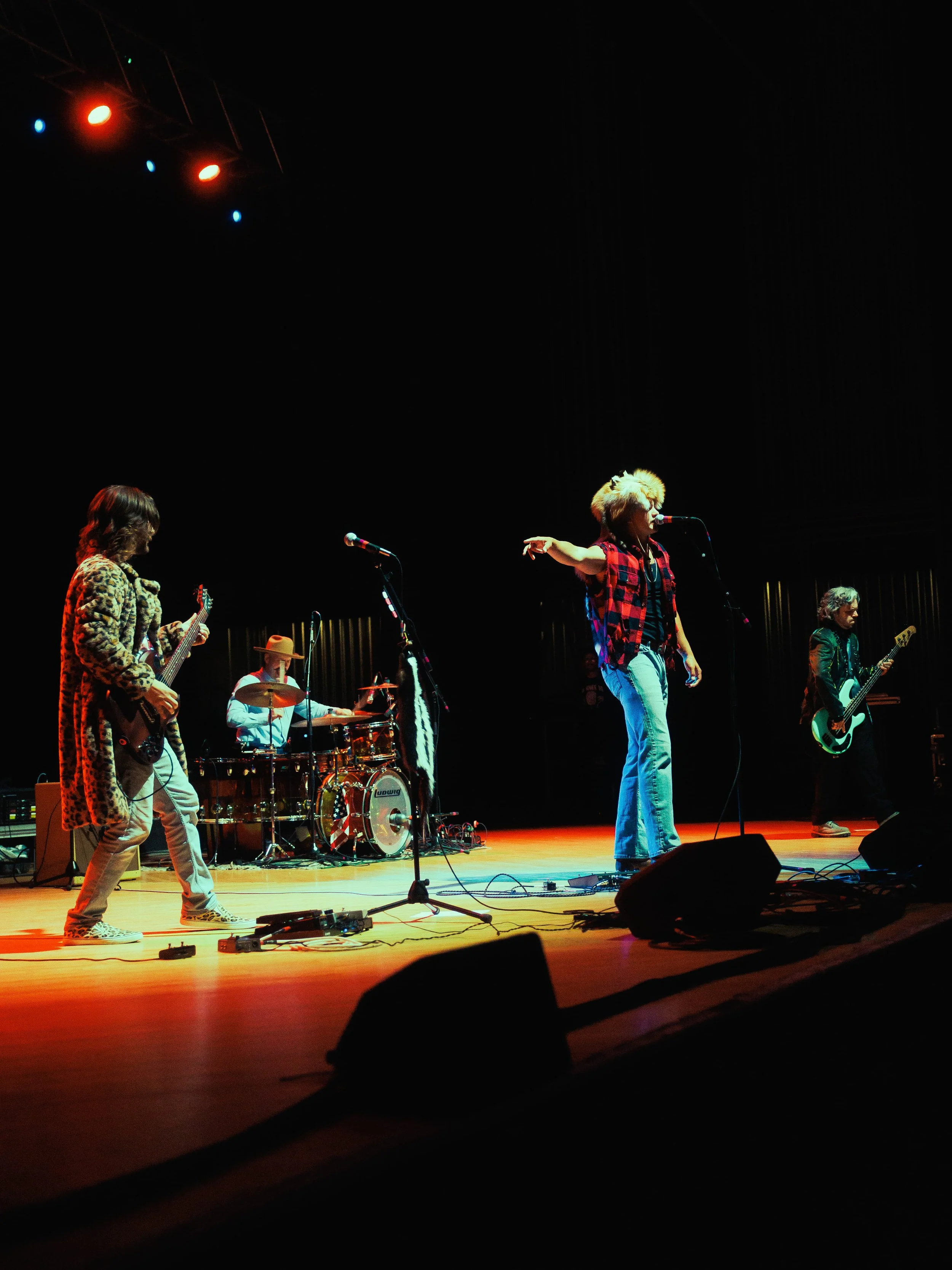 A band performs on stage with a singer in a red and black checkered shirt and jeans at the center, a guitarist in a leopard print jacket on the left, a drummer in a white shirt and hat behind, and another guitarist on the right. Stage lighting highli