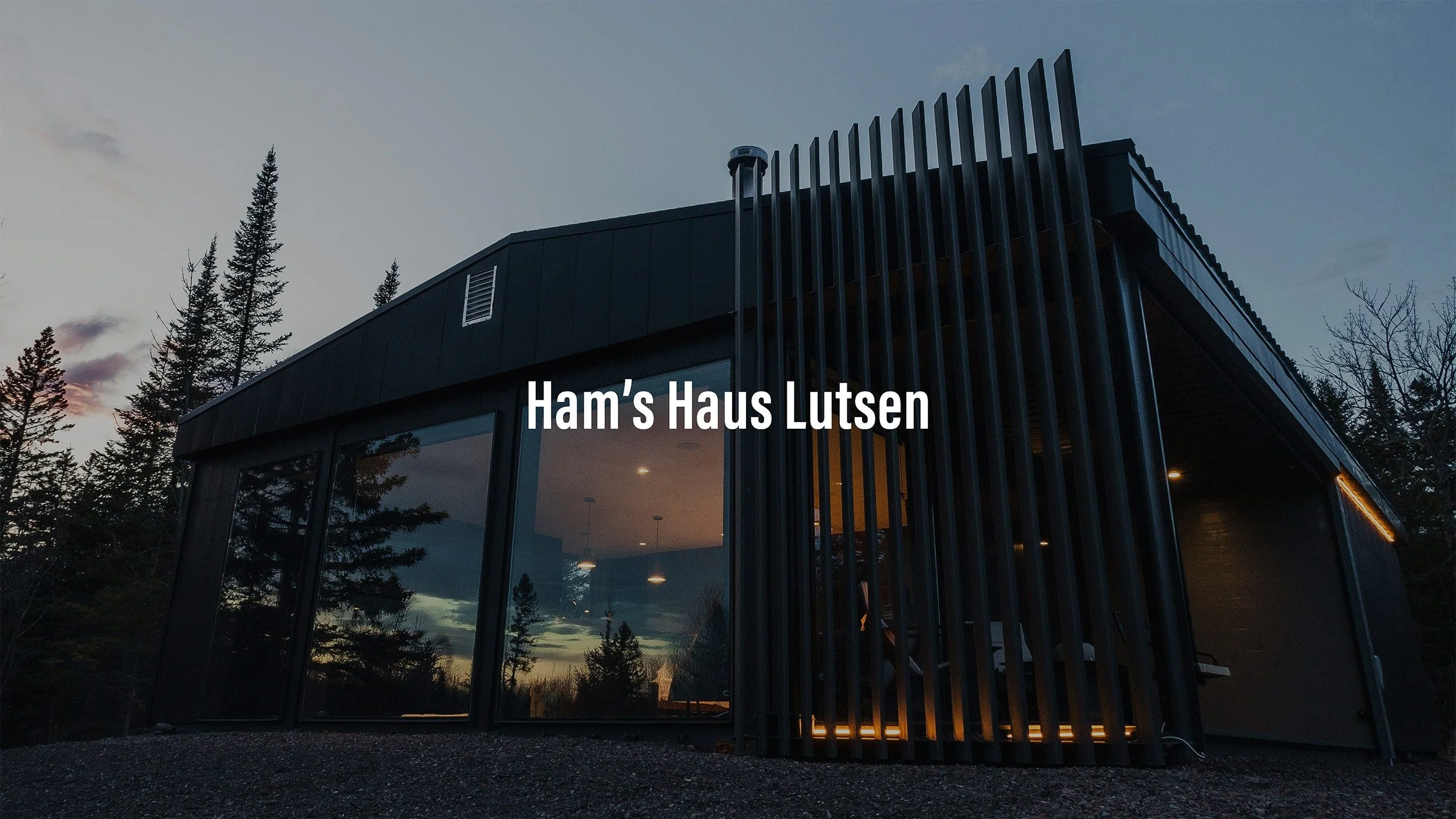 Modern black house with large glass windows and vertical slats on the right side, surrounded by trees, during dusk.