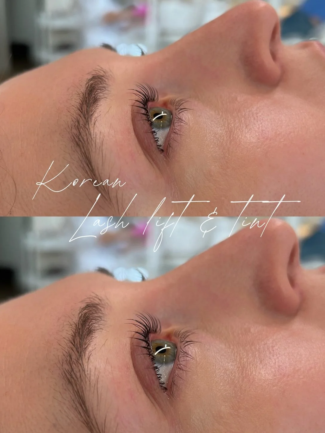 Side view of lashes curled by a Korean keratin lash lift, Loesy Beauty