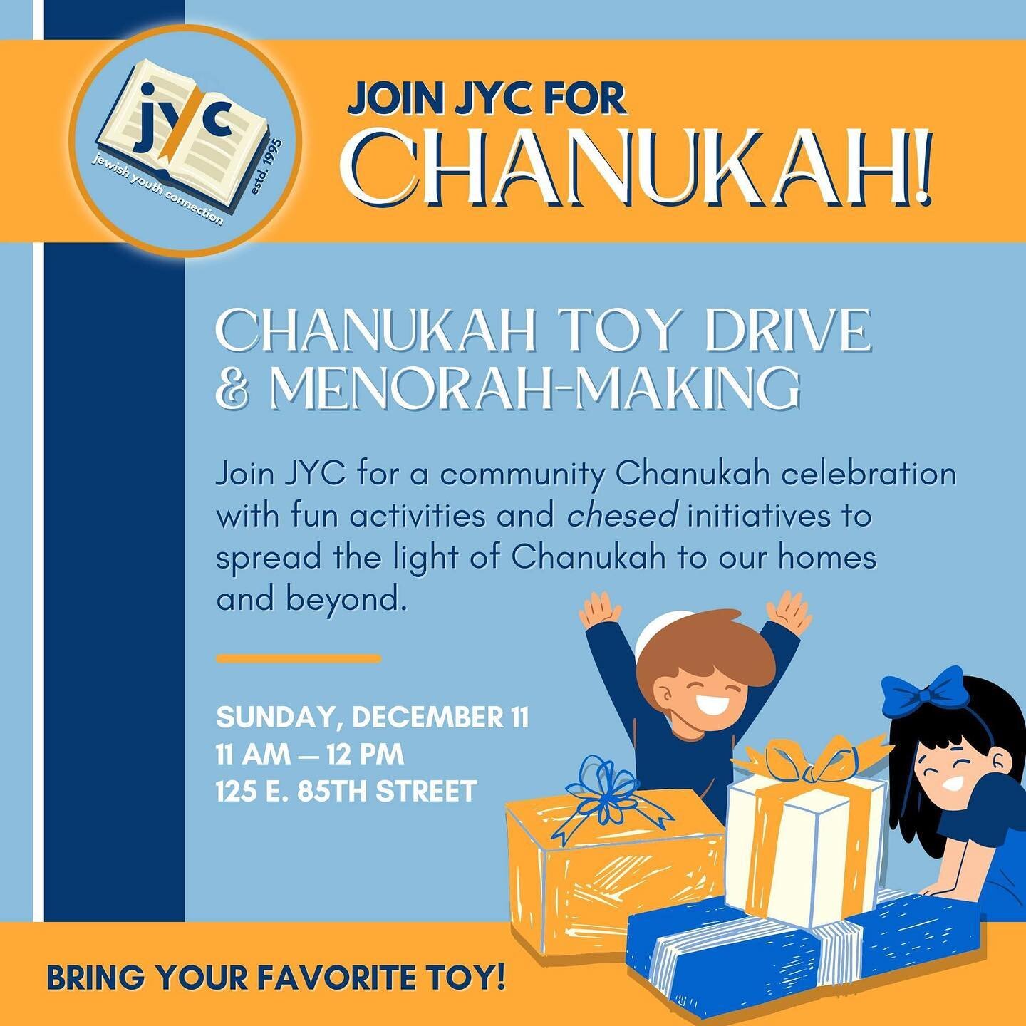 #Hanukkah, #chanukah, #hannukah, or #chanuka?

However your family 👨&zwj;👩&zwj;👧&zwj;👦 spells it, we invite you to JOIN US 🥳 this Sunday to experience some of the 🕍 JYC magic ✨ as we prepare for Chanukah with a holiday gift drive 🎁 and menorah