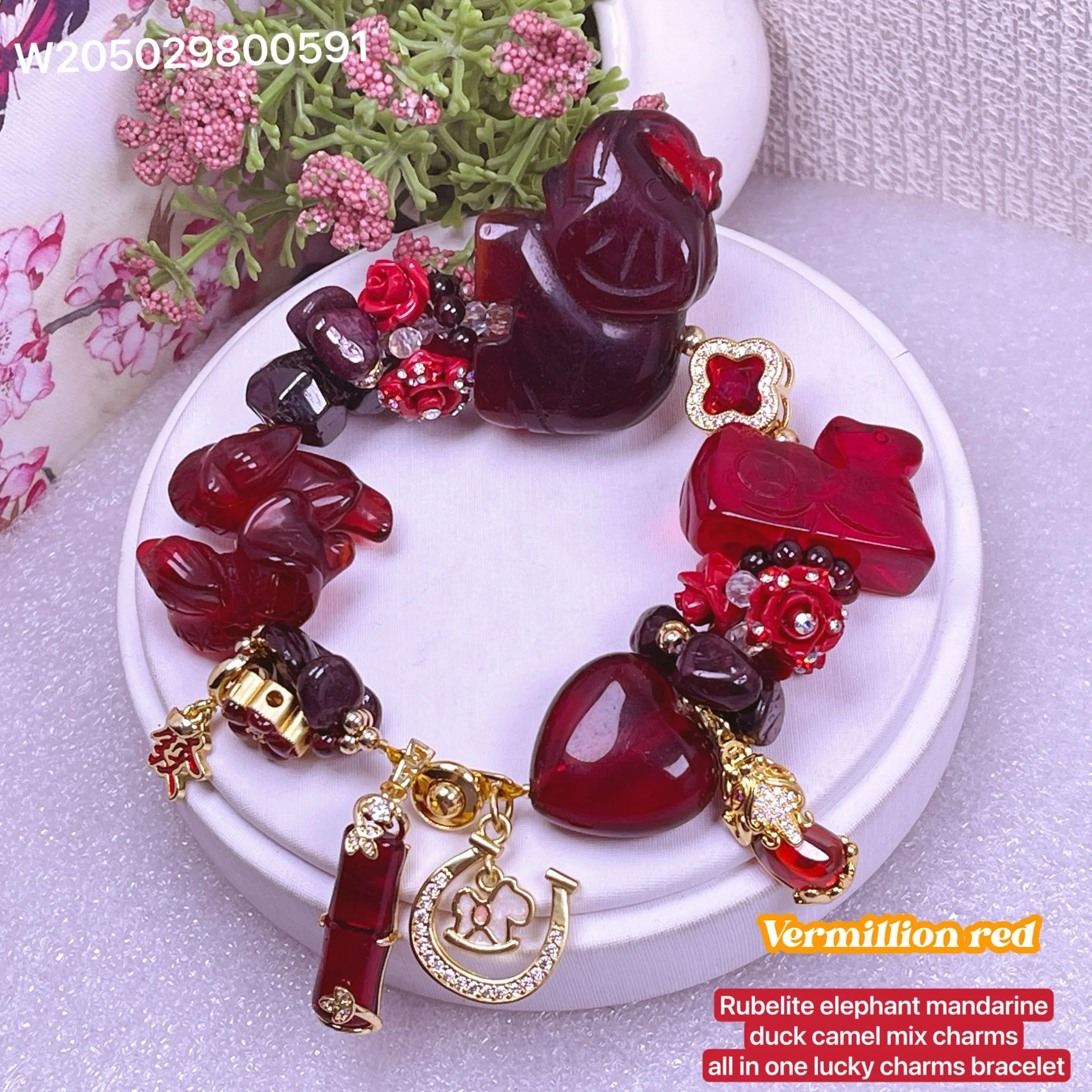 Vermillion Red Gemstone Bracelet with Symbols of Luck