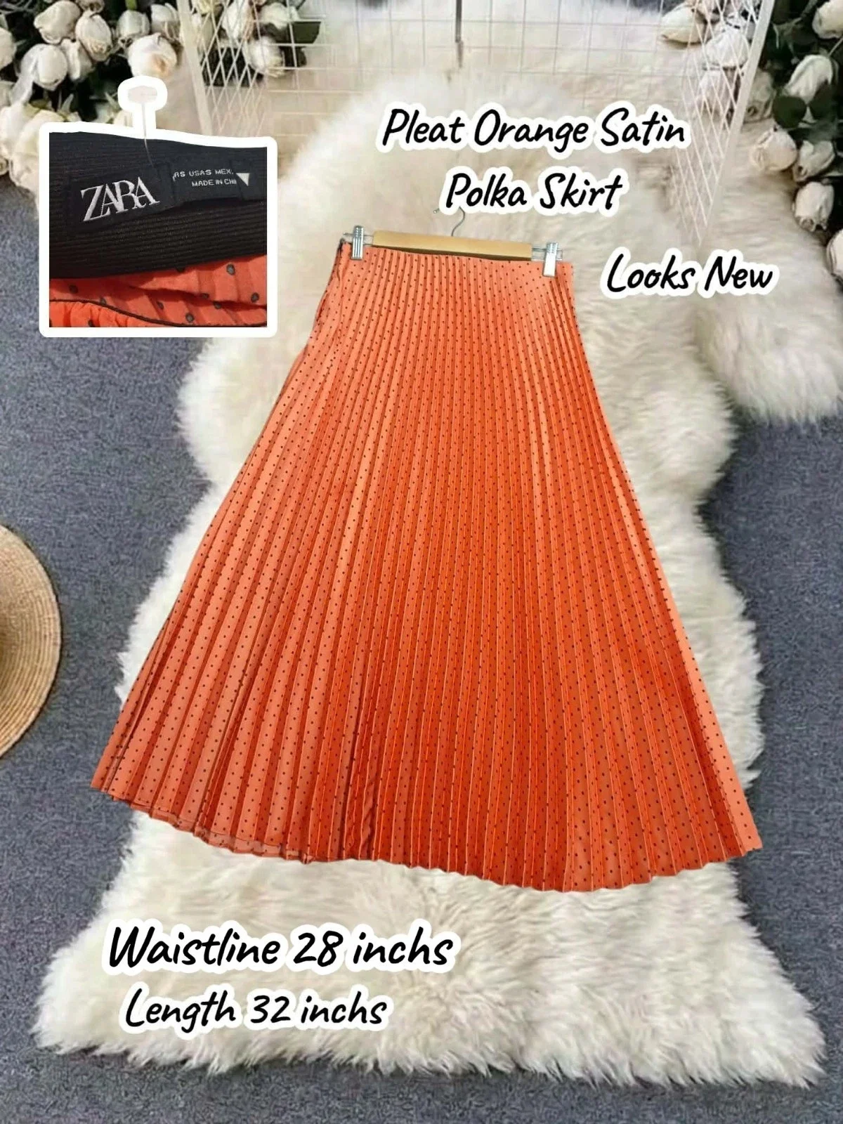 Zara Pleat Orange Satin Polka Skirt