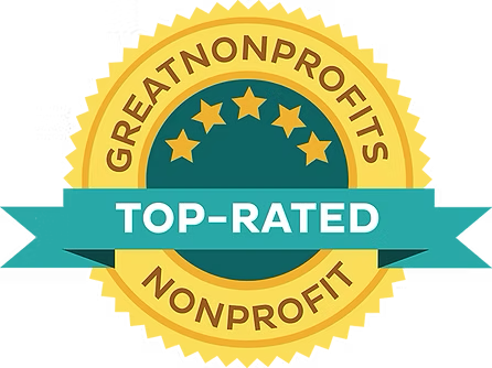 Gold and teal badge with the text 'Great Nonprofits Top-Rated Nonprofit' and six stars.