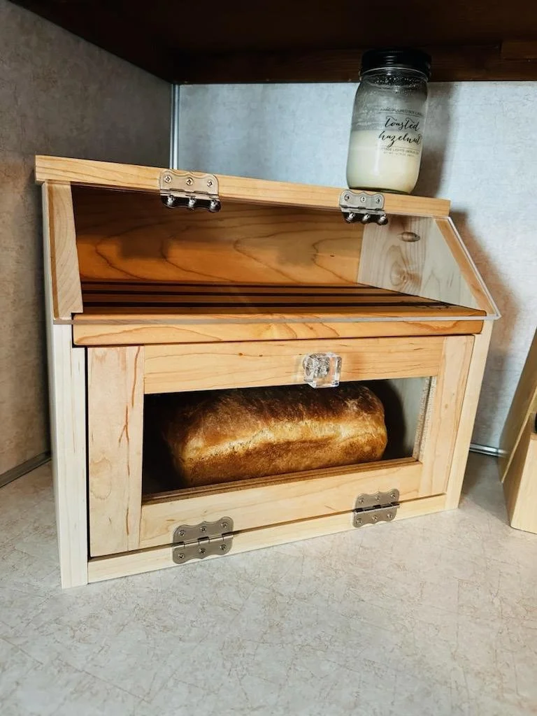 Hard Maple Bread Box w/ Engraved Cutting Board Shelf