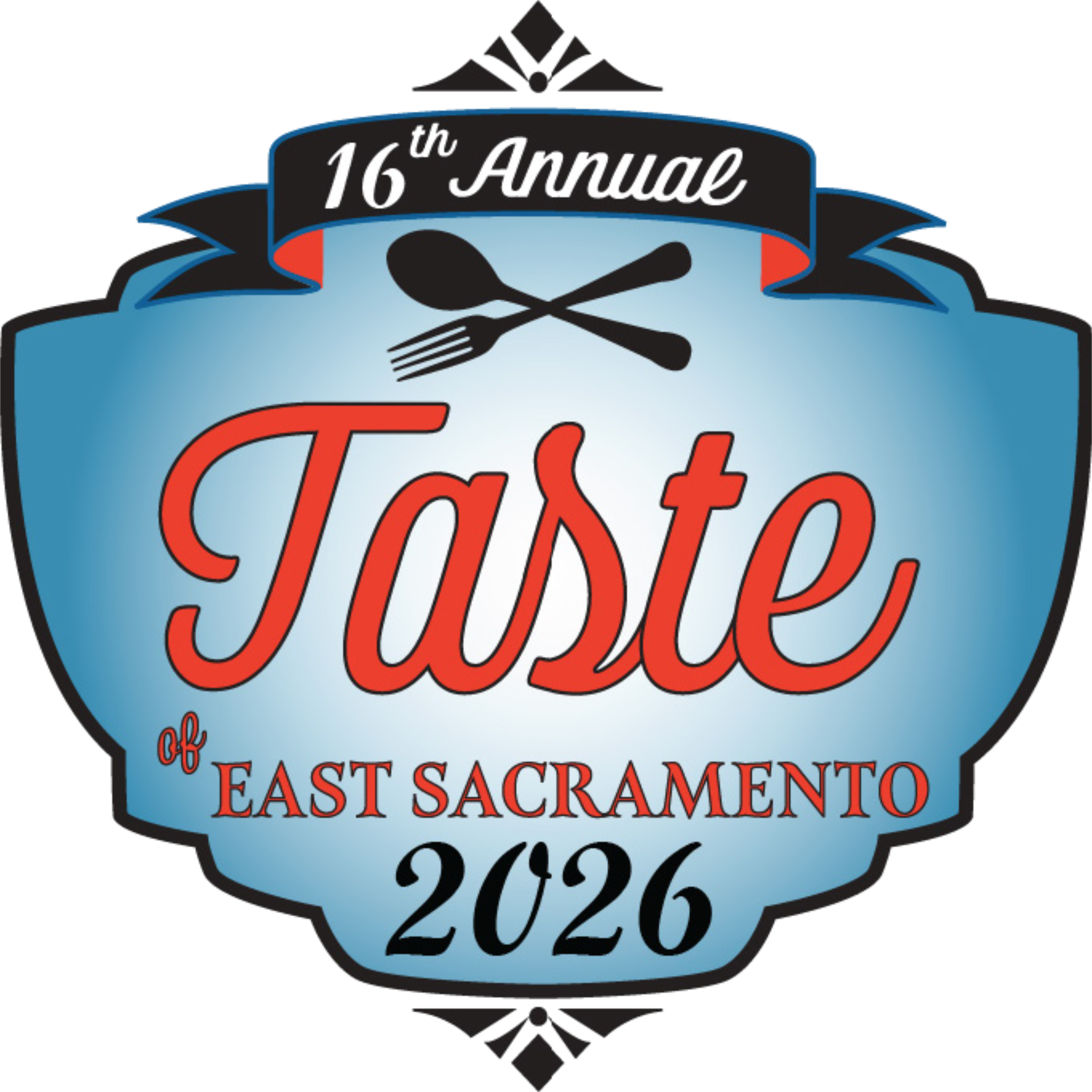 Logo for the 16th Annual Taste of East Sacramento 2020 with a light blue shield, fork and spoon crossed at the top, and red and black text.