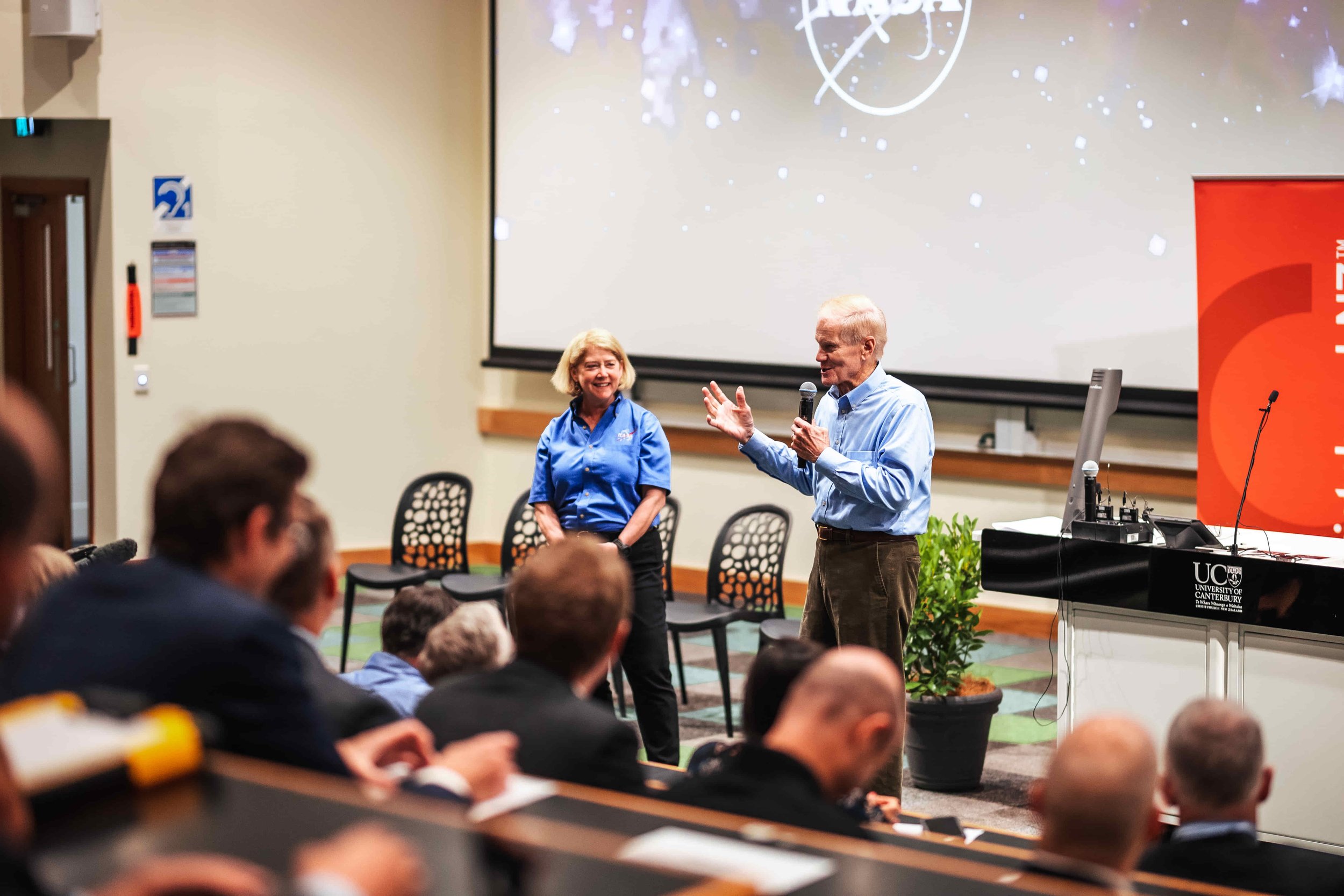   NASA Administrator Bill Nelson and NASA Deputy Administrator Pamela Melroy speaking at Meet Up 27  
