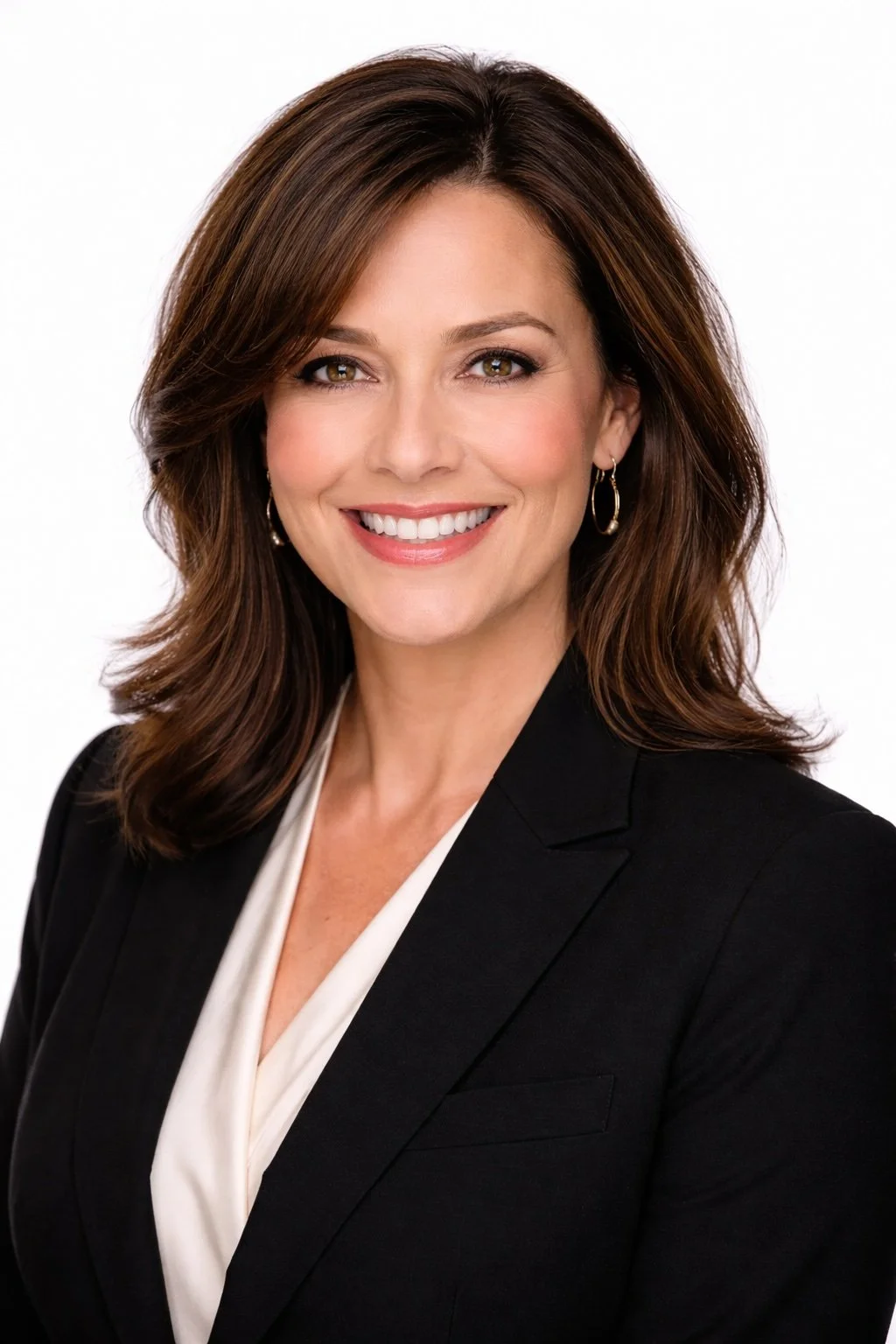 Headshot of a woman with shoulder-length wavy brown hair, wearing a black blazer and white blouse, smiling against a plain white background.