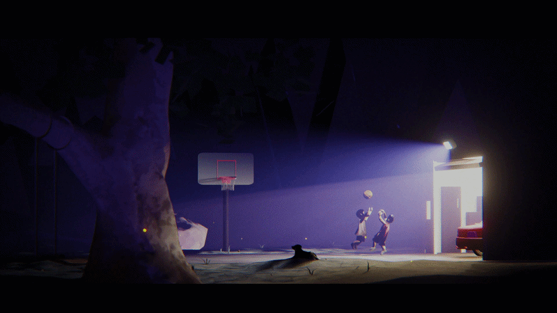 Two children playing basketball inside a dimly lit indoor gym with a bright sunlight shining through the door.