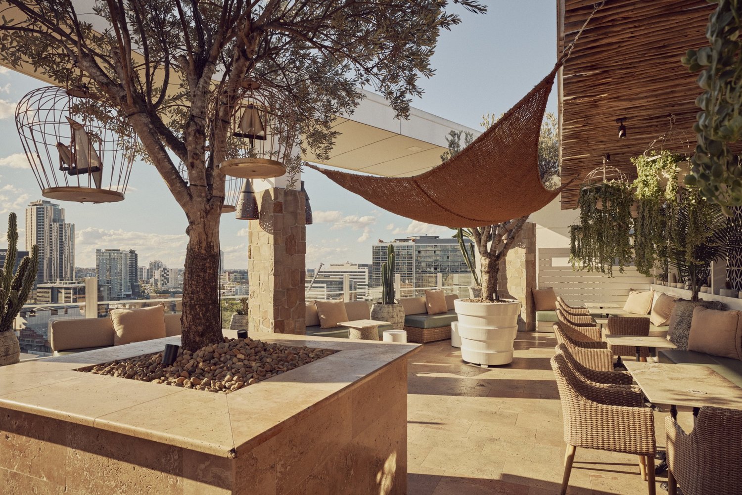 The open-air Courtyard at MAYA with an olive tree, woven shade sail and city views