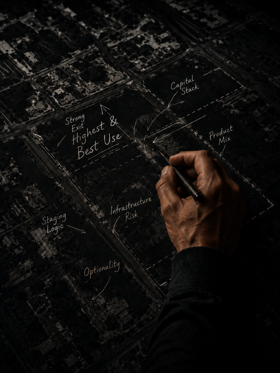 Hand writing on a map of a city grid with labels such as 'Strong Exit Highest & Best Use,' 'Capital Stack,' 'Product Mix,' 'Staging Logic,' 'Infrastructure Risk,' and 'Optionality.'