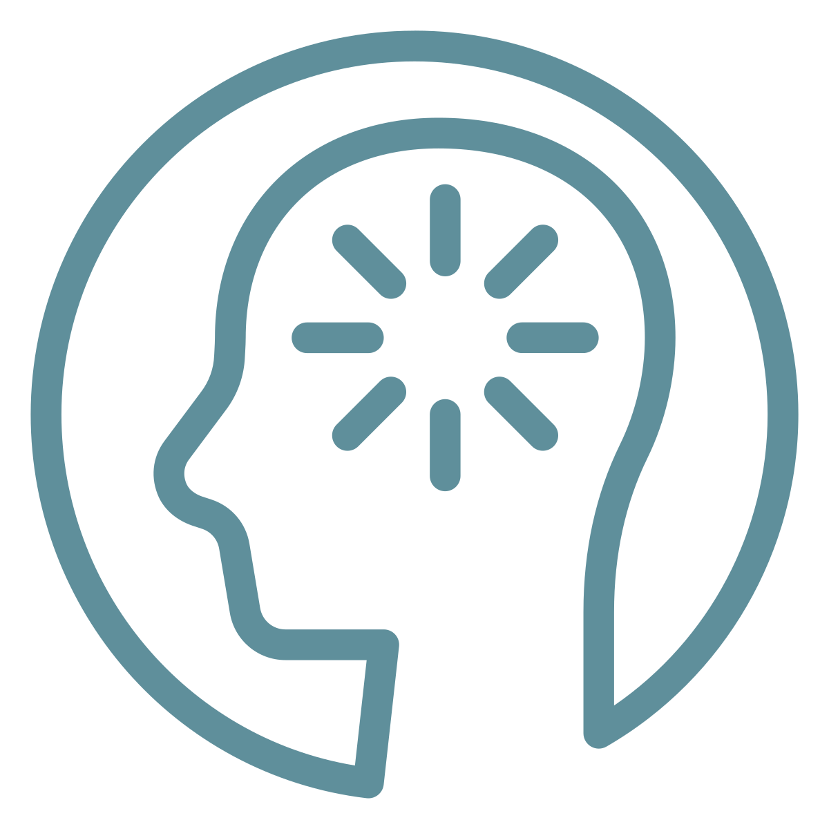 Line drawing of a human head in profile with a clock inside the head, indicating mental focus or brain activity.