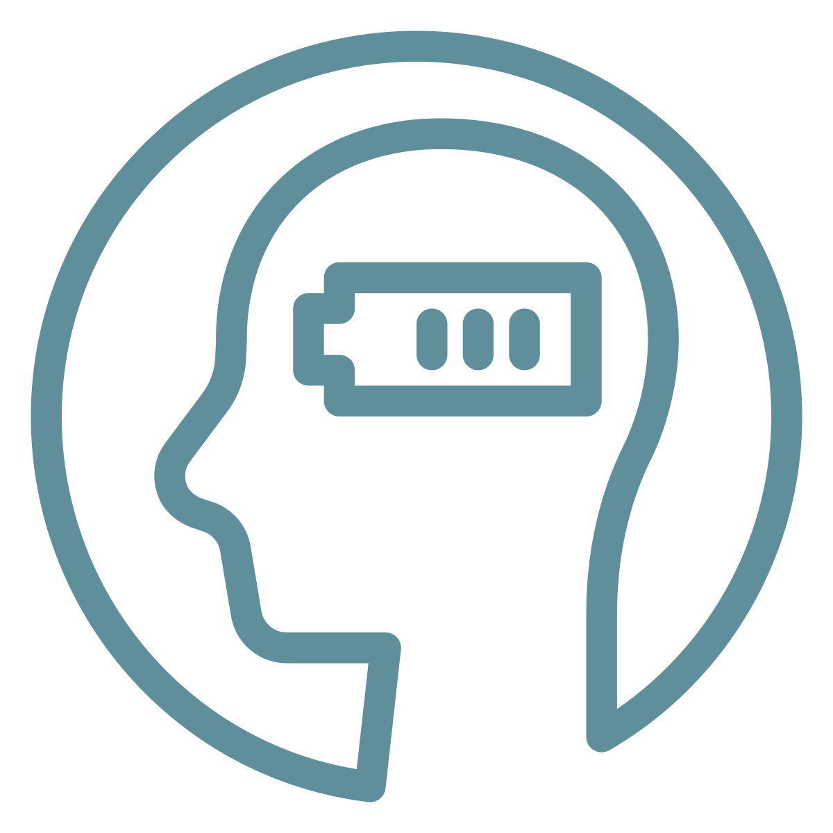 Outline of a human head with a battery icon inside, representing mental energy or cognitive function.