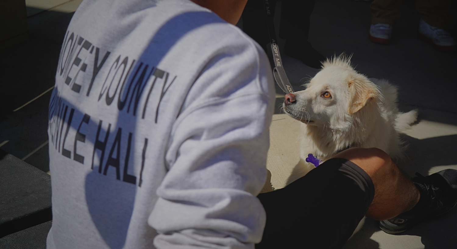 Youth trainer kneeling with a white dog at Juvenile Hall