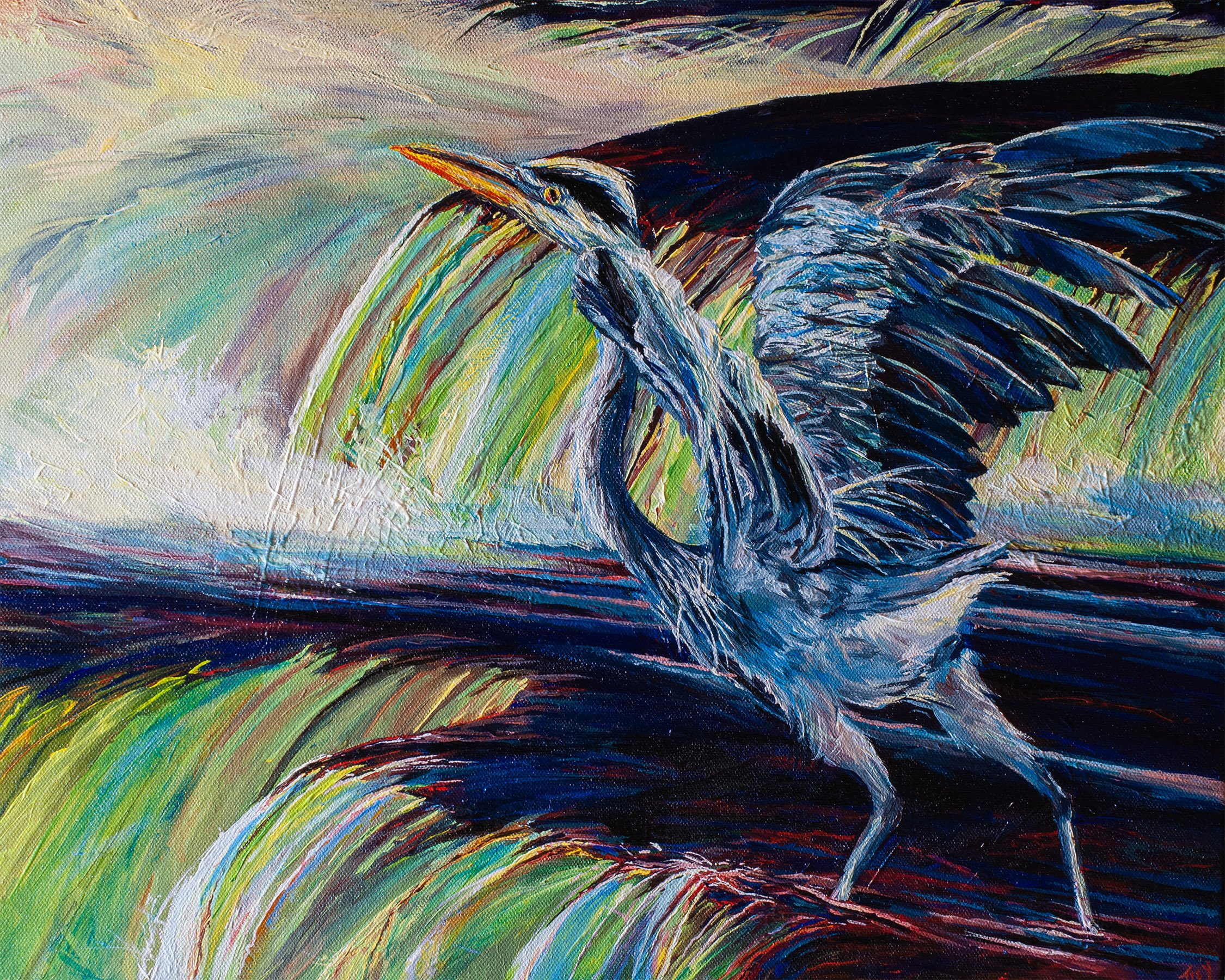 "Great Blue Heron at Springside Park" 16" x 20" iridescent acrylic on canvas (sold- prints available )
