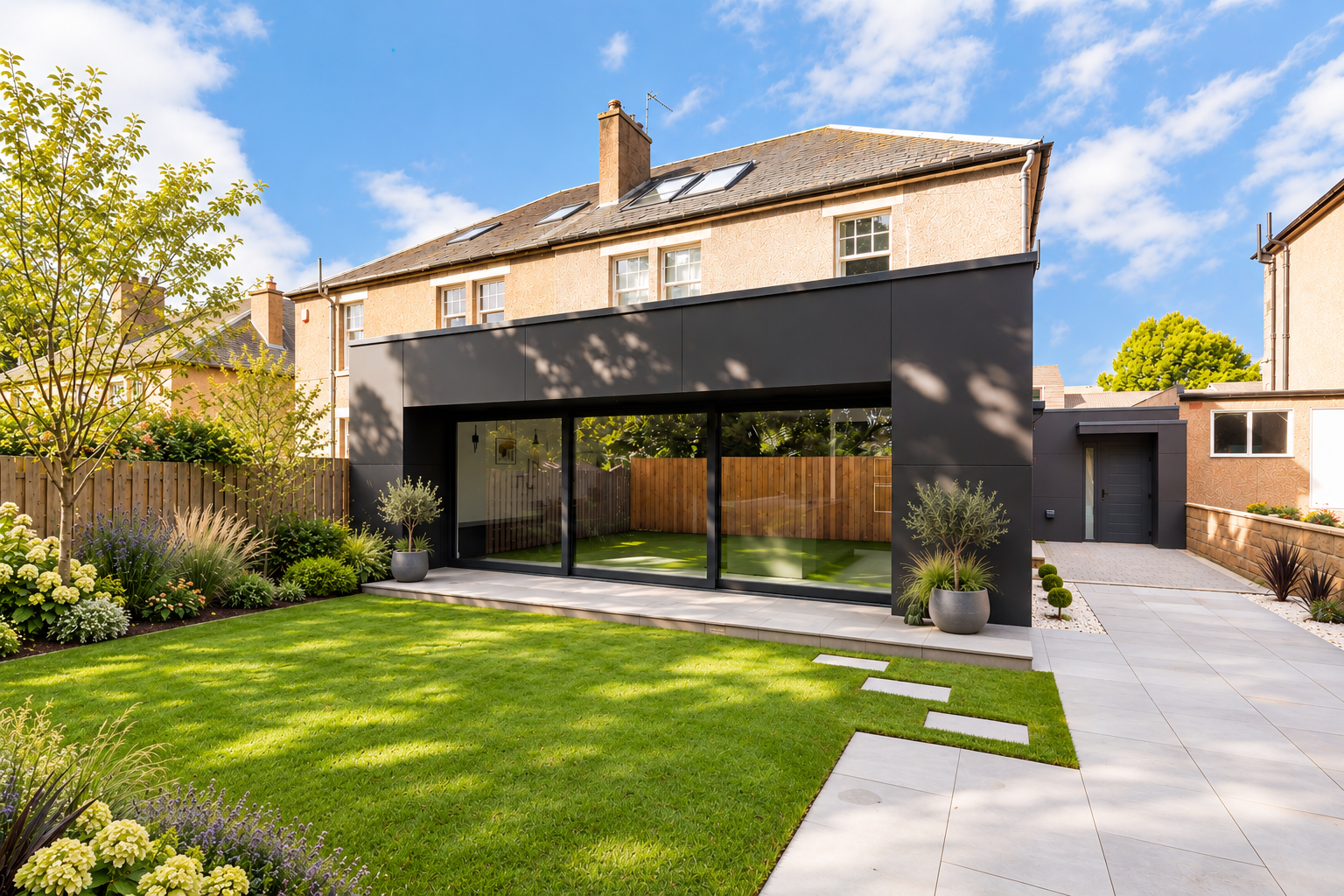 Modern house with black exterior extension, glass doors, and landscaped backyard with green grass, potted plants, and flower beds under a partly cloudy sky.