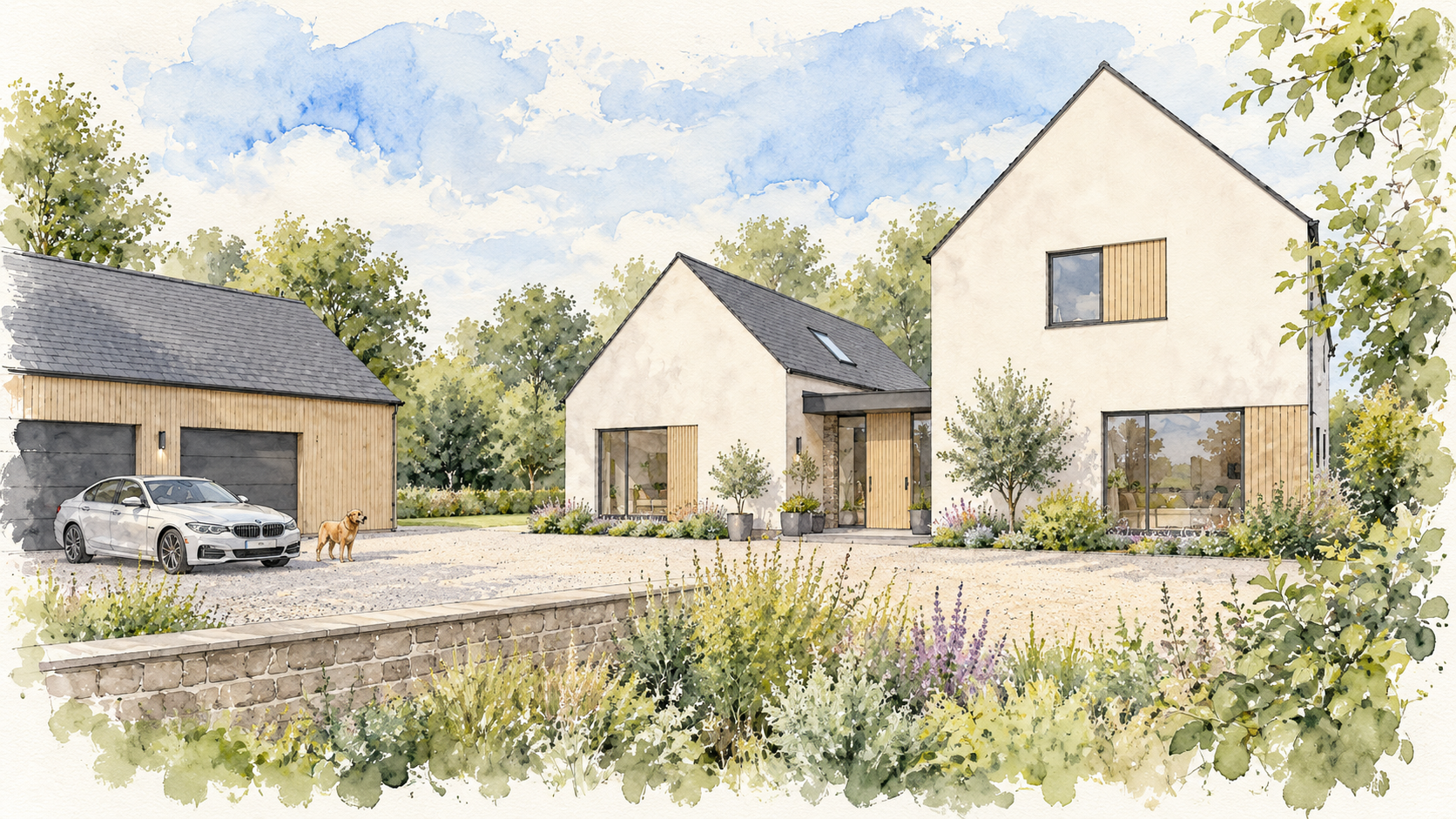 Watercolor illustration of modern house with large windows, surrounding greenery, a driveway with a silver car, a dog, and a separate garage building under a partly cloudy sky.