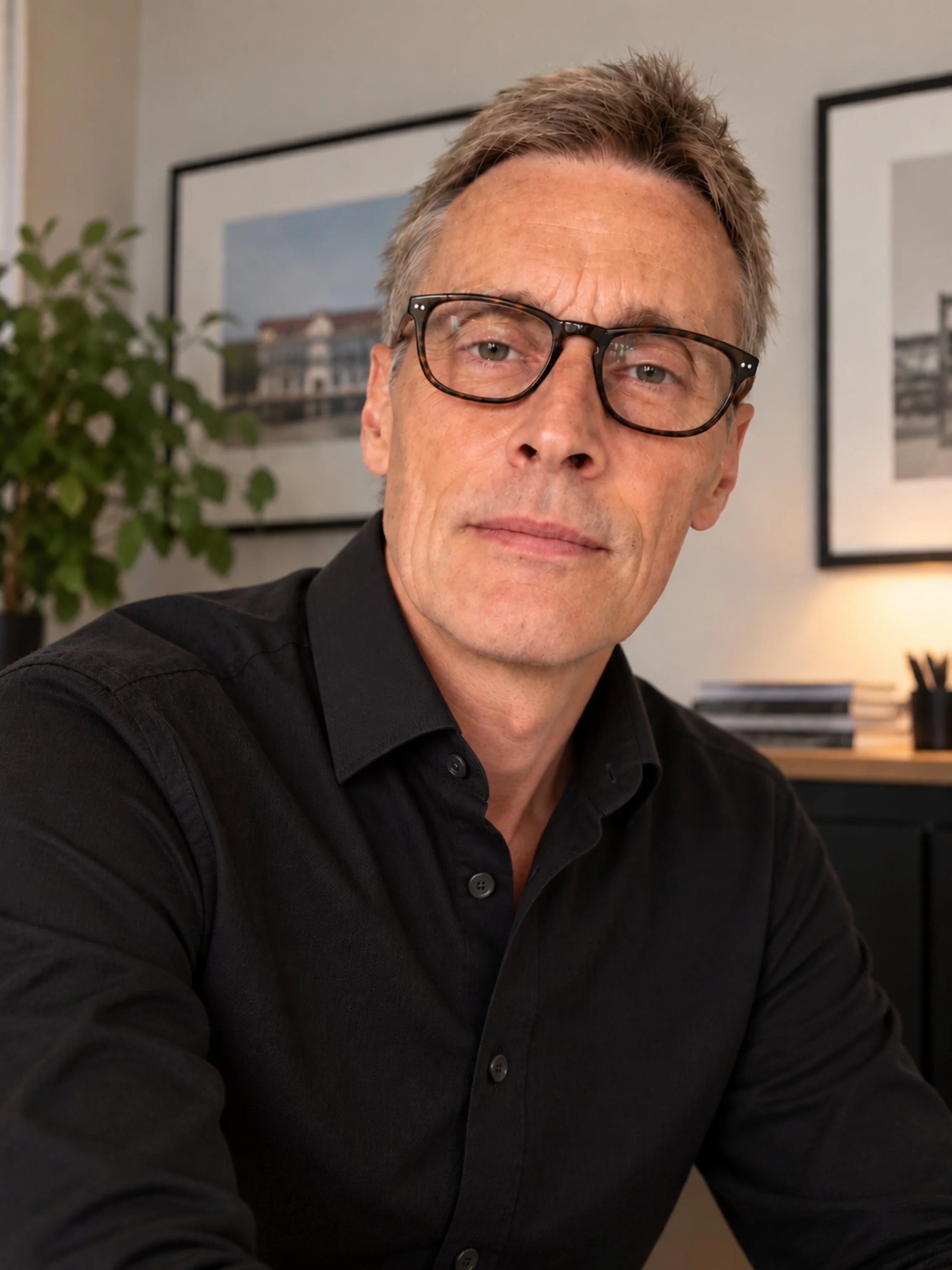 Close-up of a middle-aged man with glasses, short gray hair, wearing a black shirt, sitting in an indoor setting with framed art on the wall and a plant in the background.