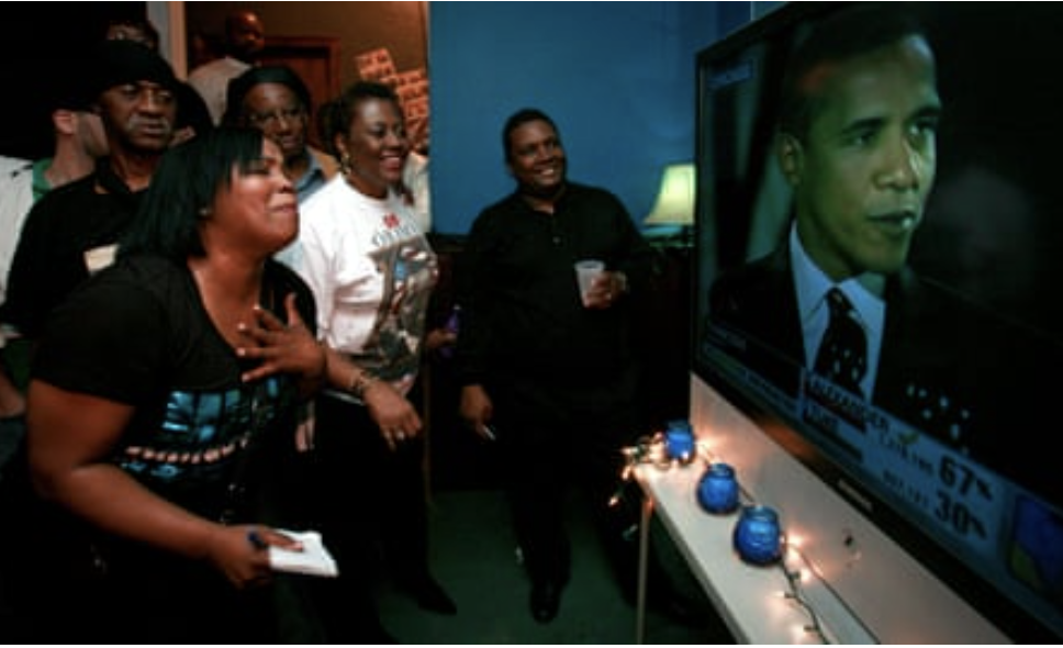  Supporters in New Orleans watch Barack Obama’s presidential victory speech in 2008. Photograph: Reuters/Alamy 
